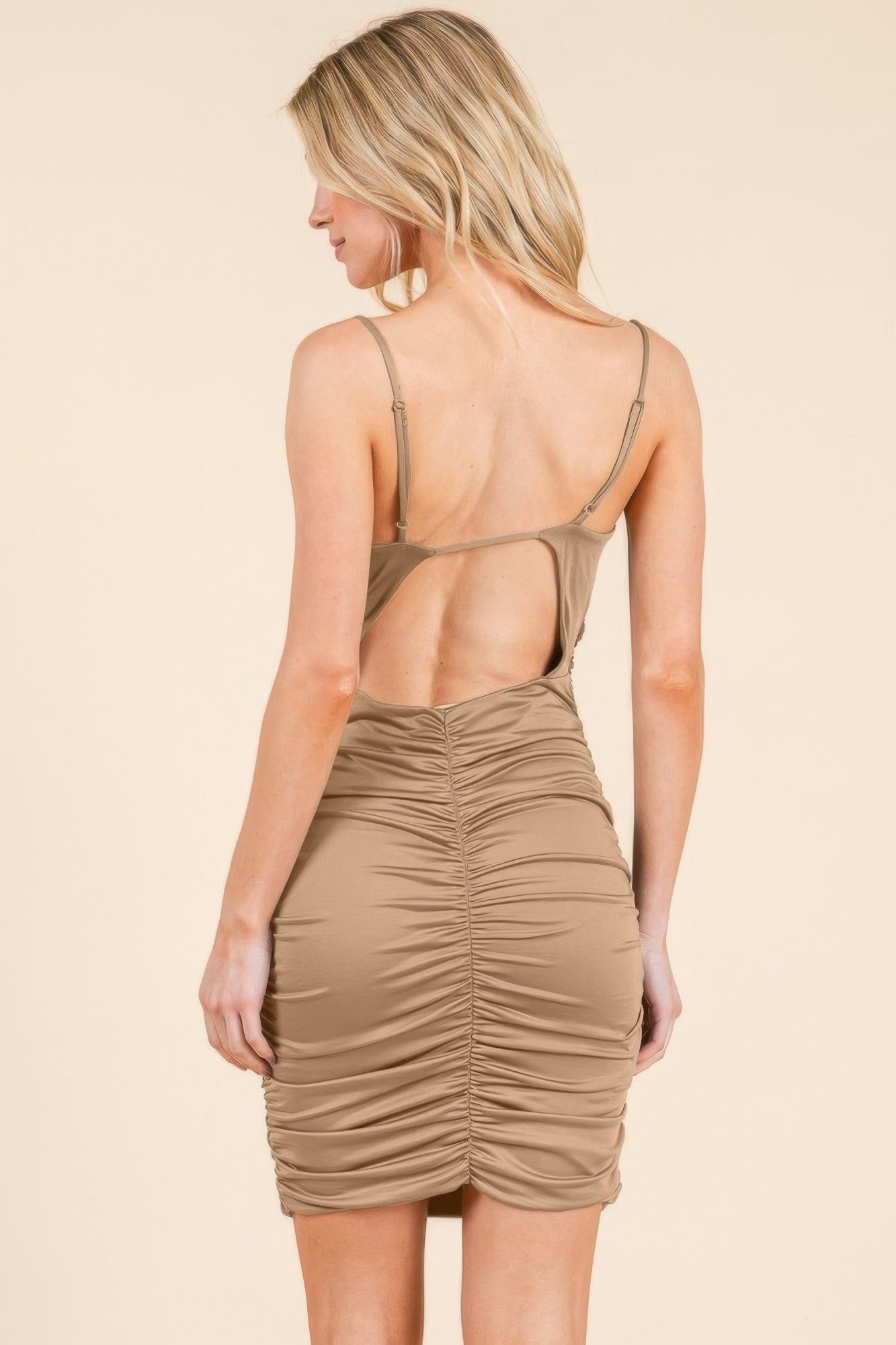 All Around Ruching Double Layered Open Back Dress