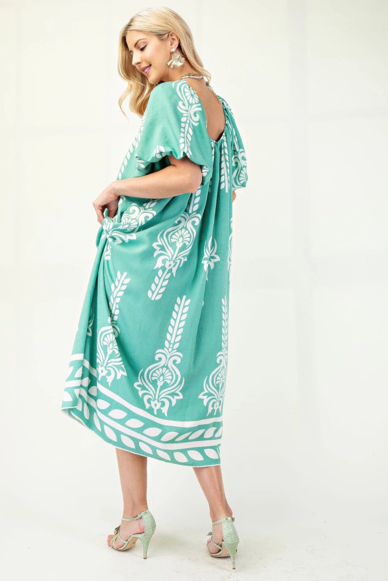 Printed Midi Dress With Short Puff Sleeves