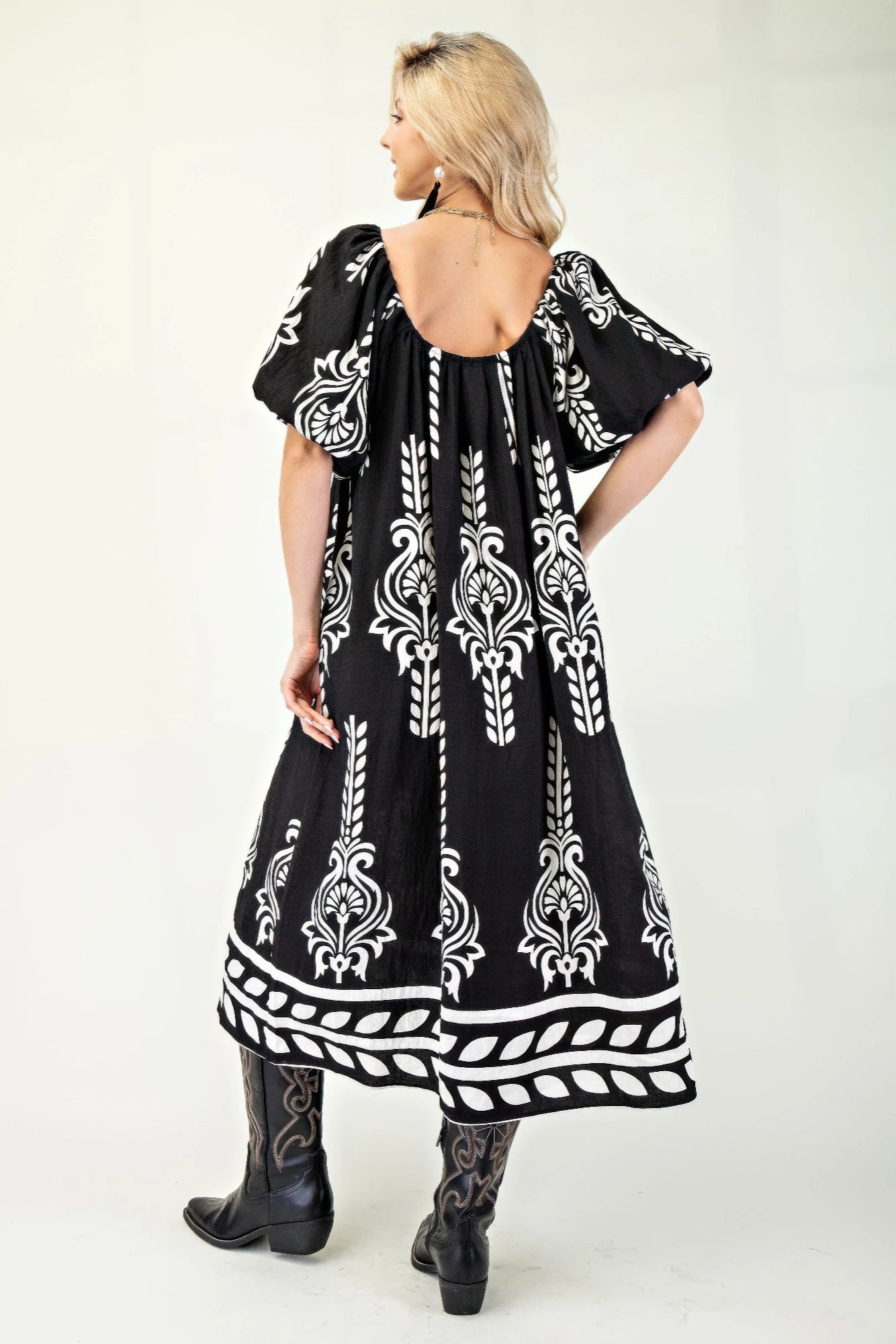 Printed Midi Dress With Short Puff Sleeves