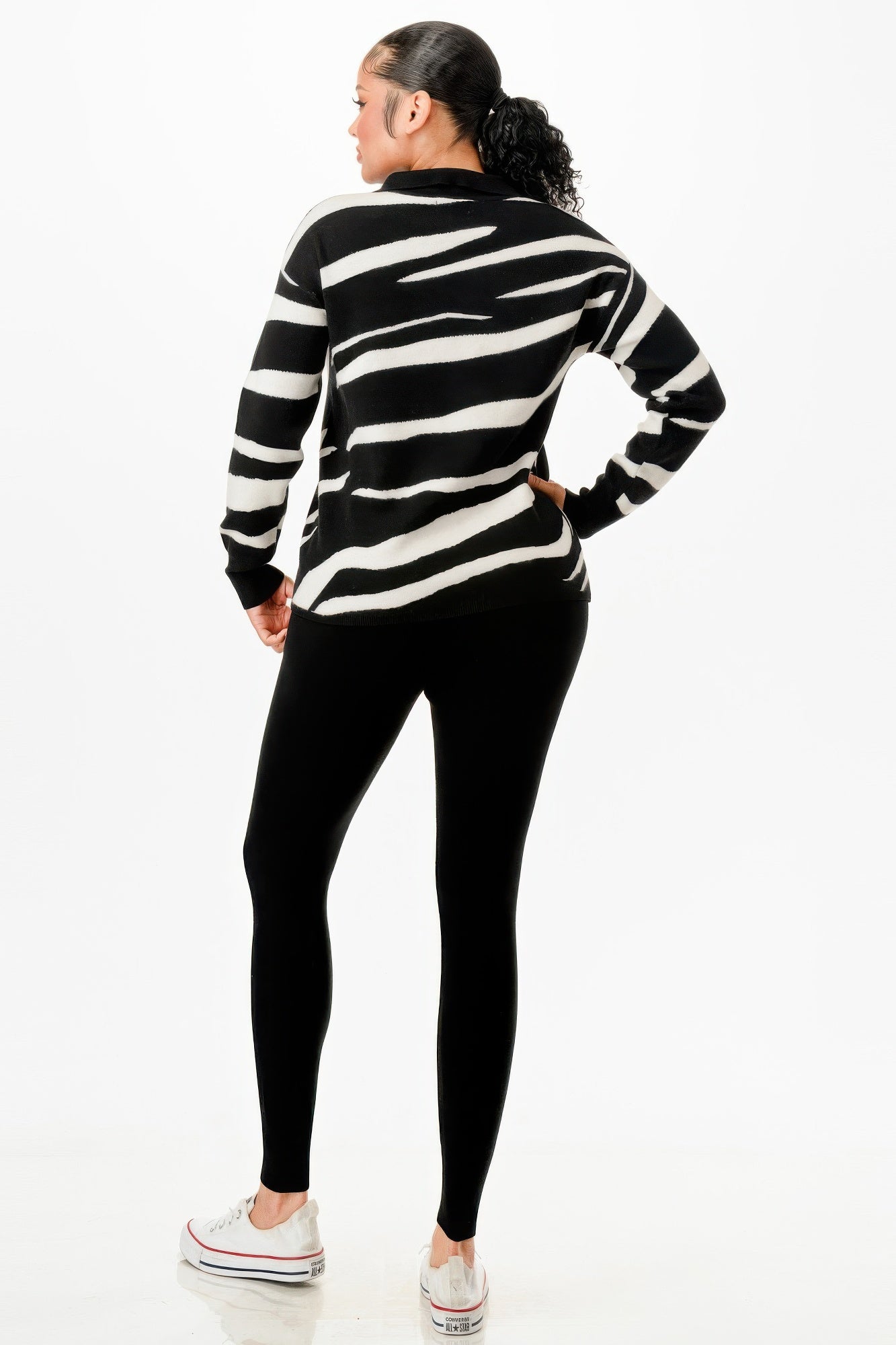 Pullover Collared V-neck Sweater Top And Pant Set