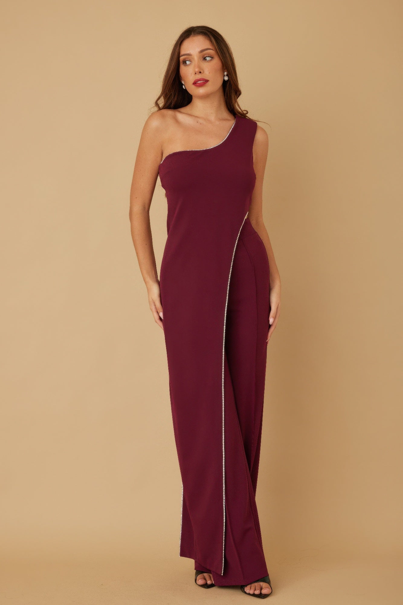 One Shoulder Strap Draped Layer W Rhinestone Sets