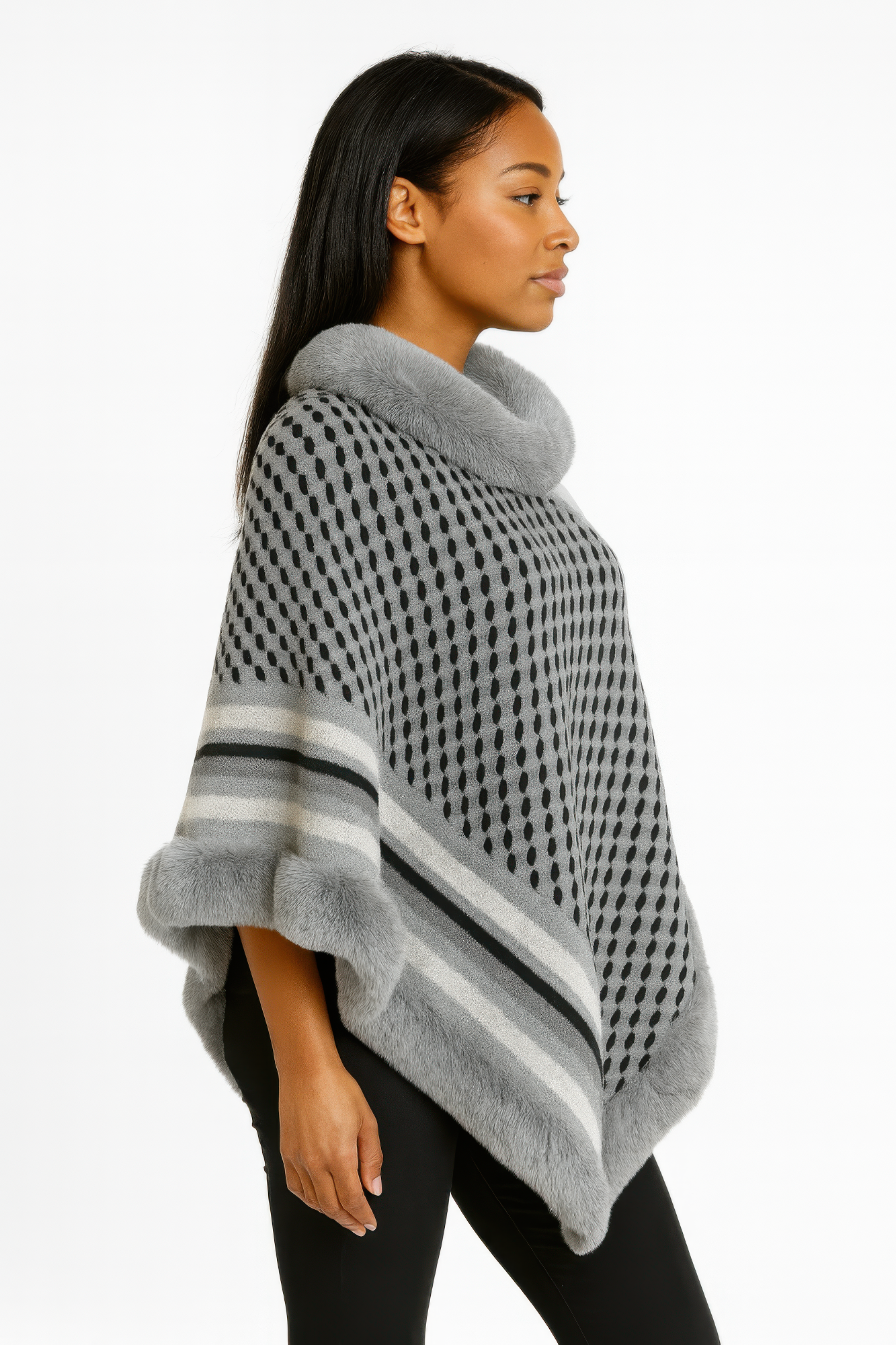 Patterned Knit Poncho With Faux Fur Trim