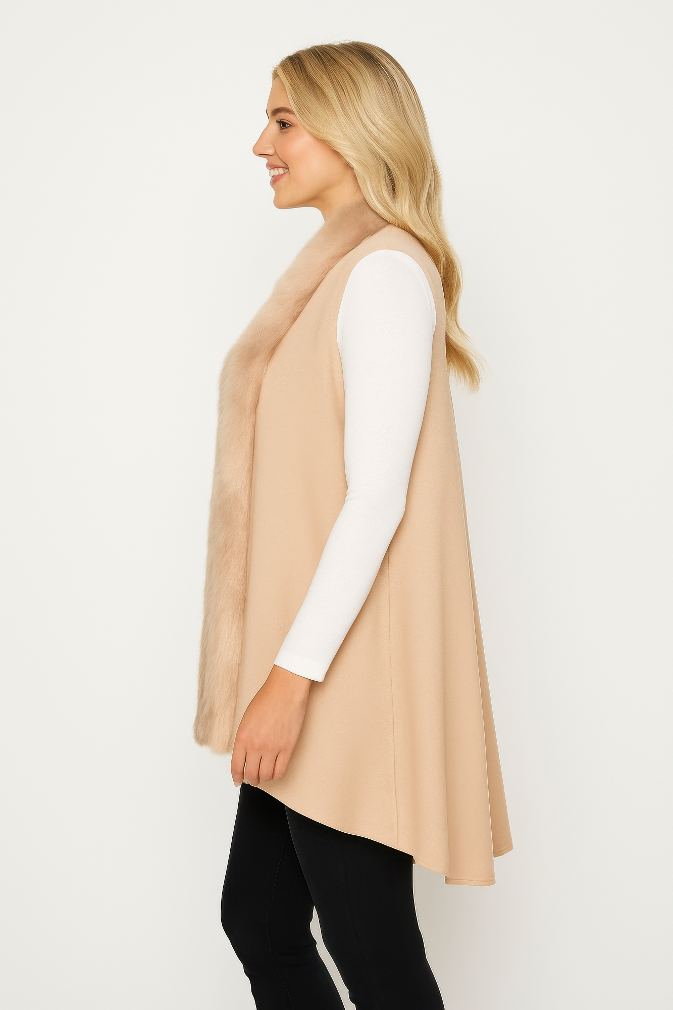 Sleeveless Drape Vest With Faux Fur Trim In Camel