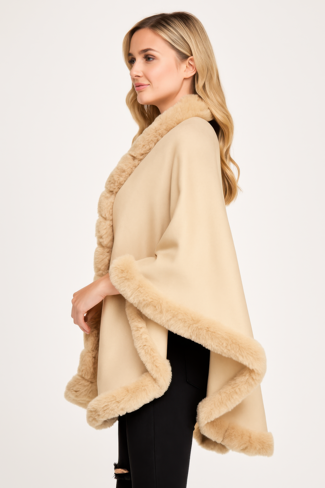 Faux Fur Trim Hooded Cape Wrap