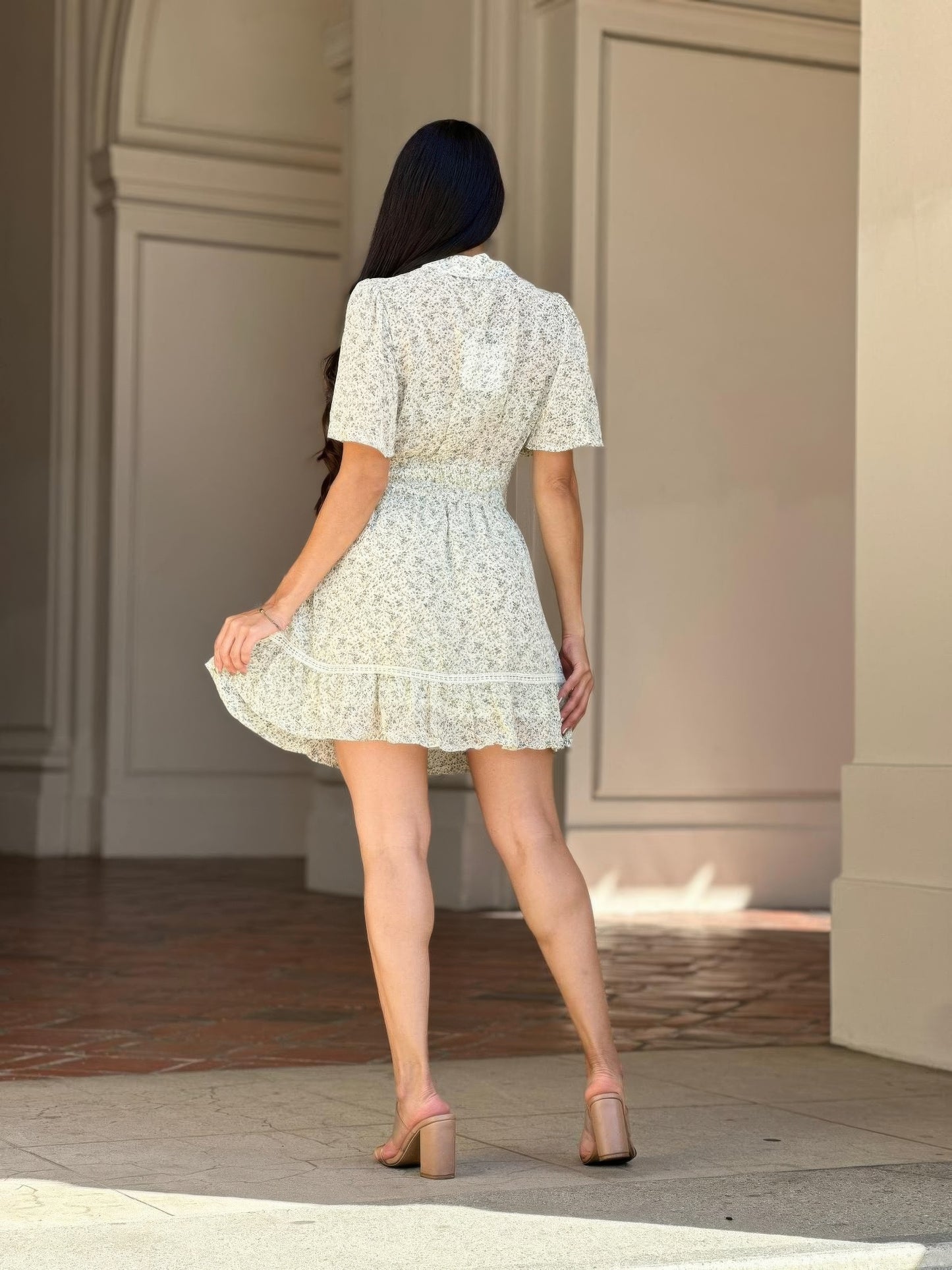 Floral Print Saffy Lace Smocking Waist Mini Dress