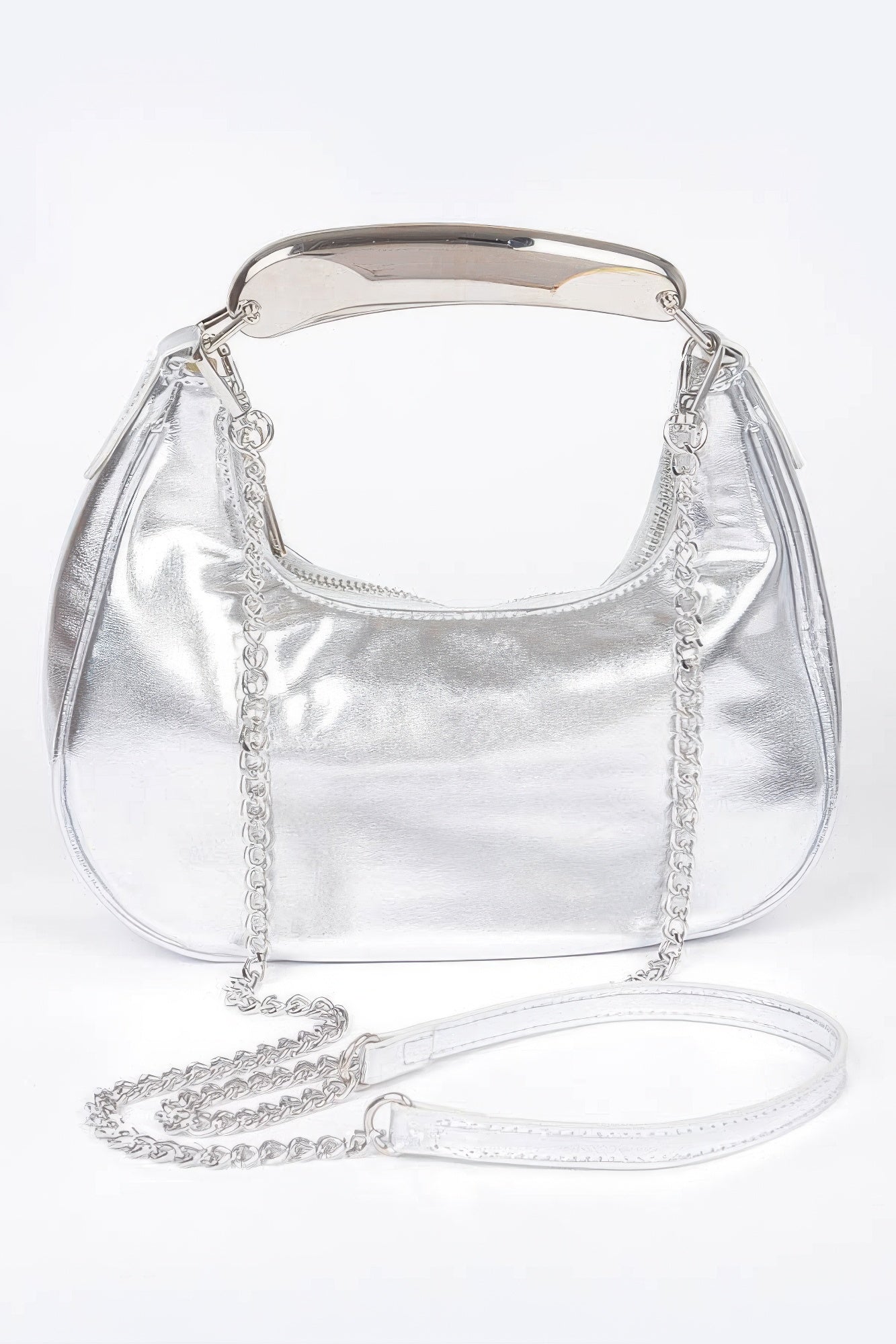 Metallic Faux Leather Metal Top Handle Clutch