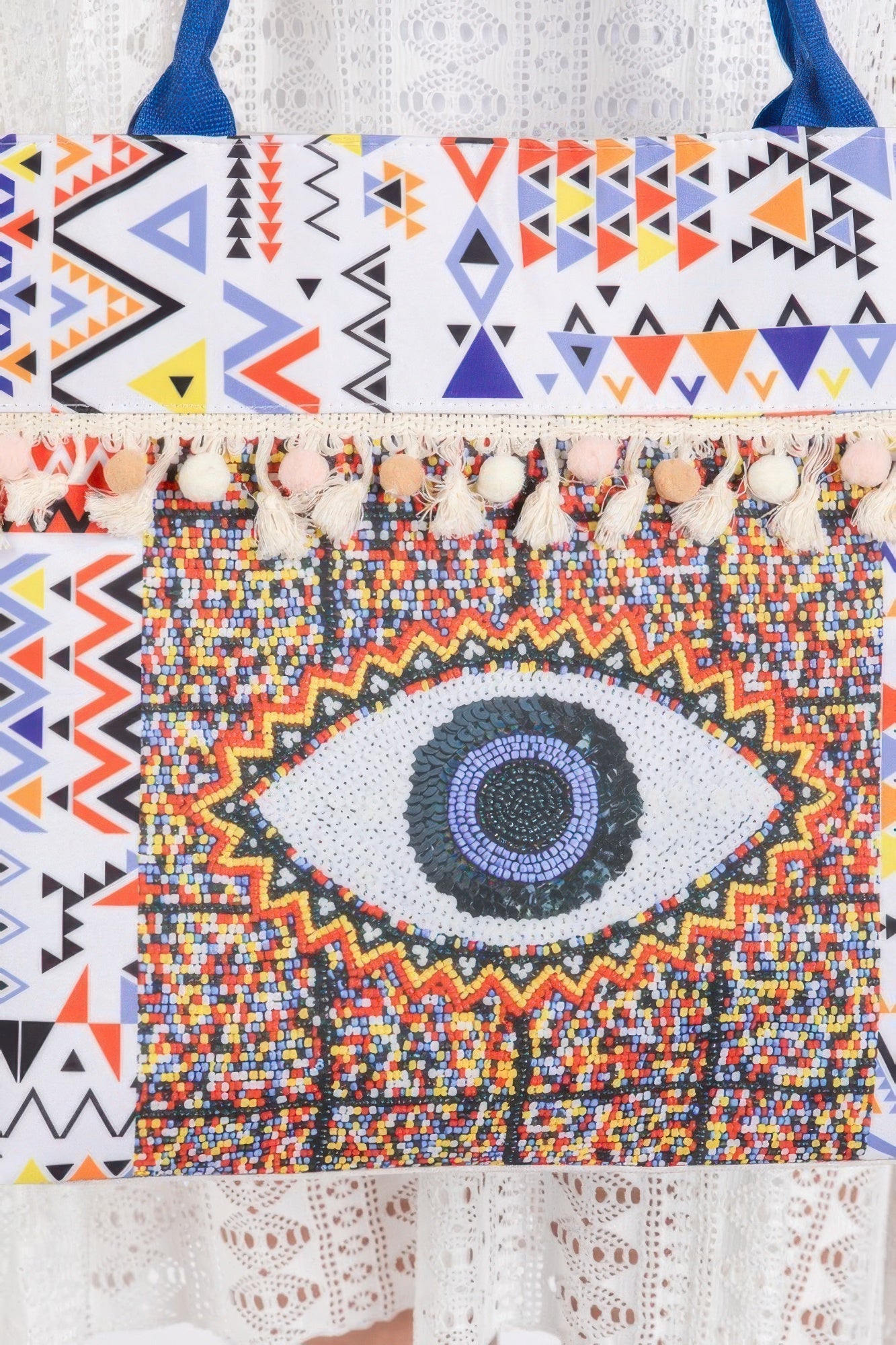 Evil Eye Boho Print Pom Pom Fringe Tote Bag