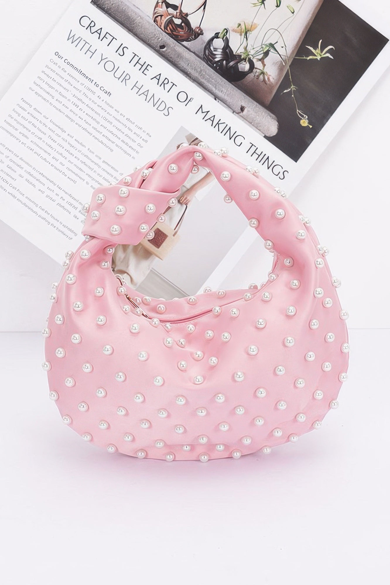 Faux Pearl Studded Satin Bag