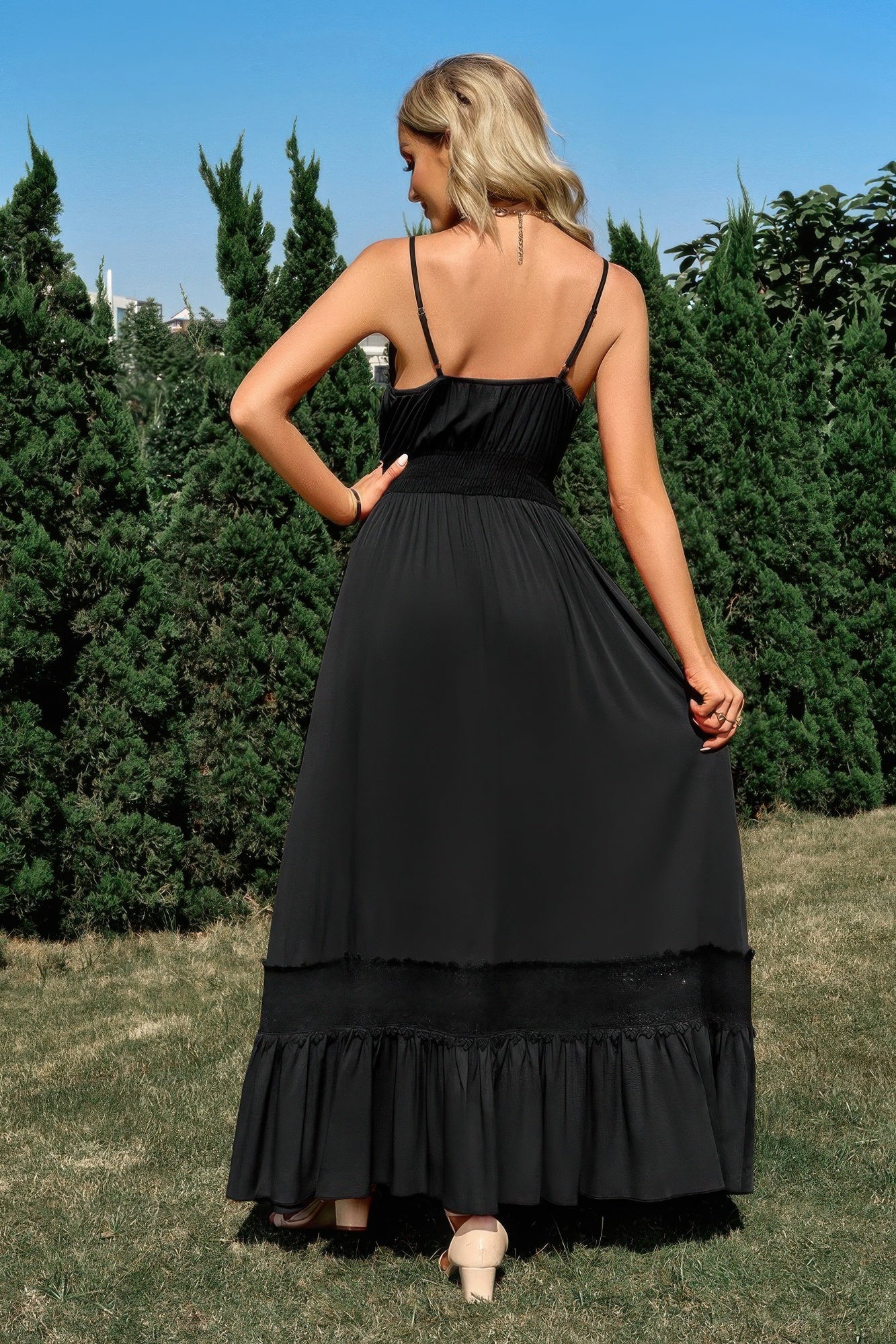 Solid V Neck Sleeveless Paghetti Strap Dress