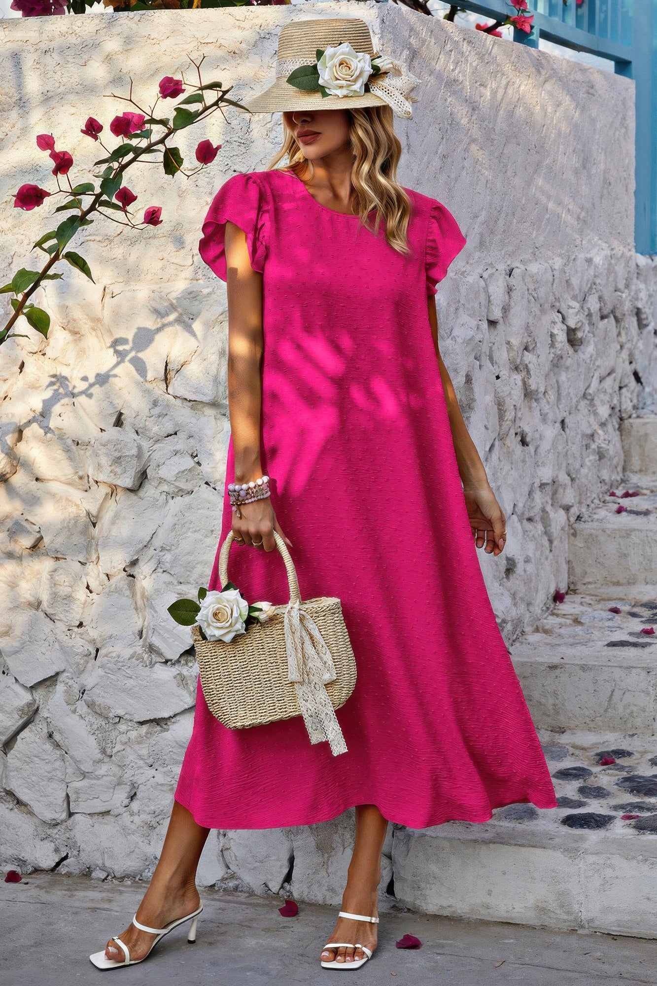 Solid Swiss Dot Ruffle Hem Belt Midi Dress