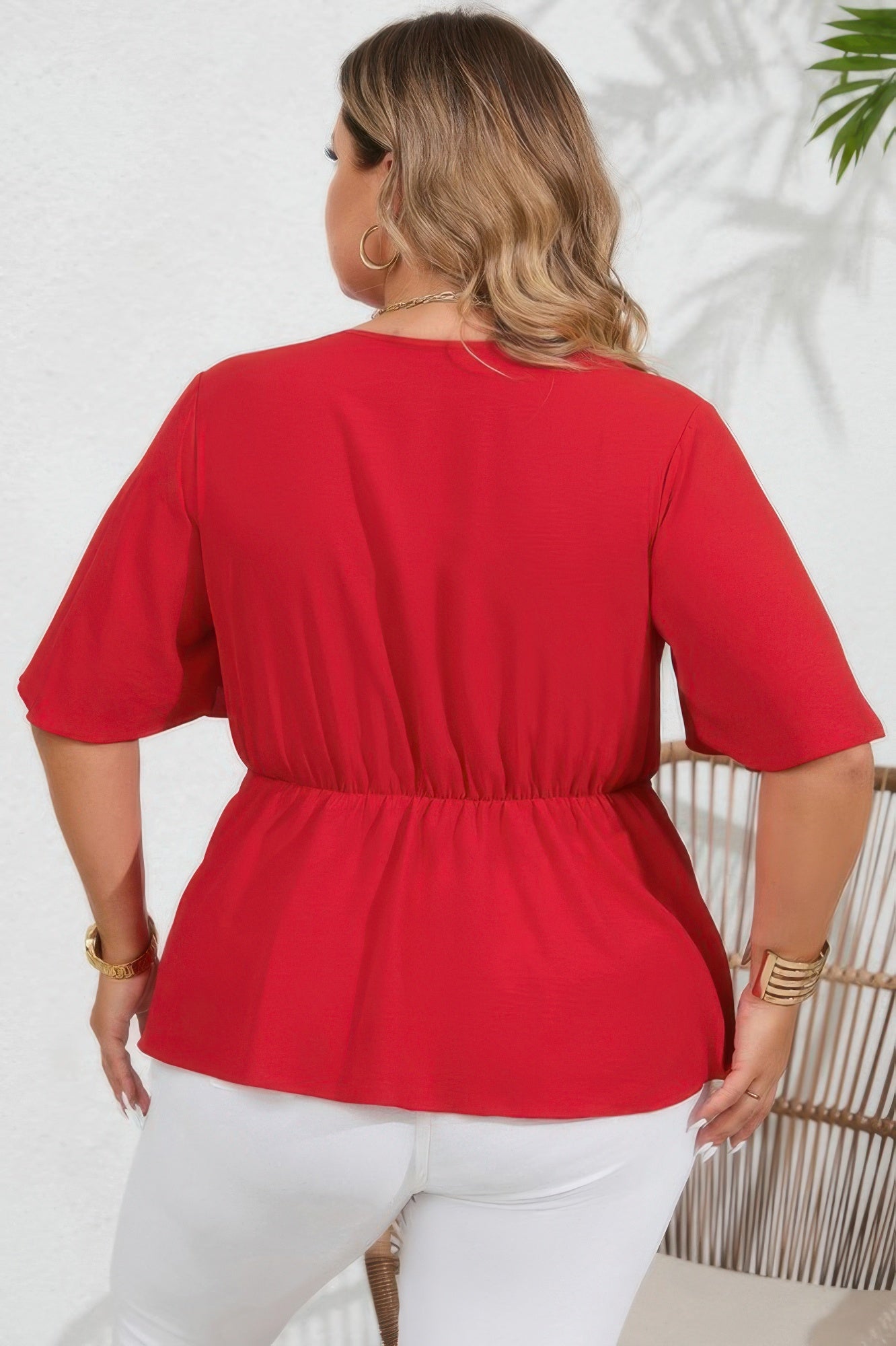 Plus Solid Butterfly Sleeve Knot Front Peplum Shirt