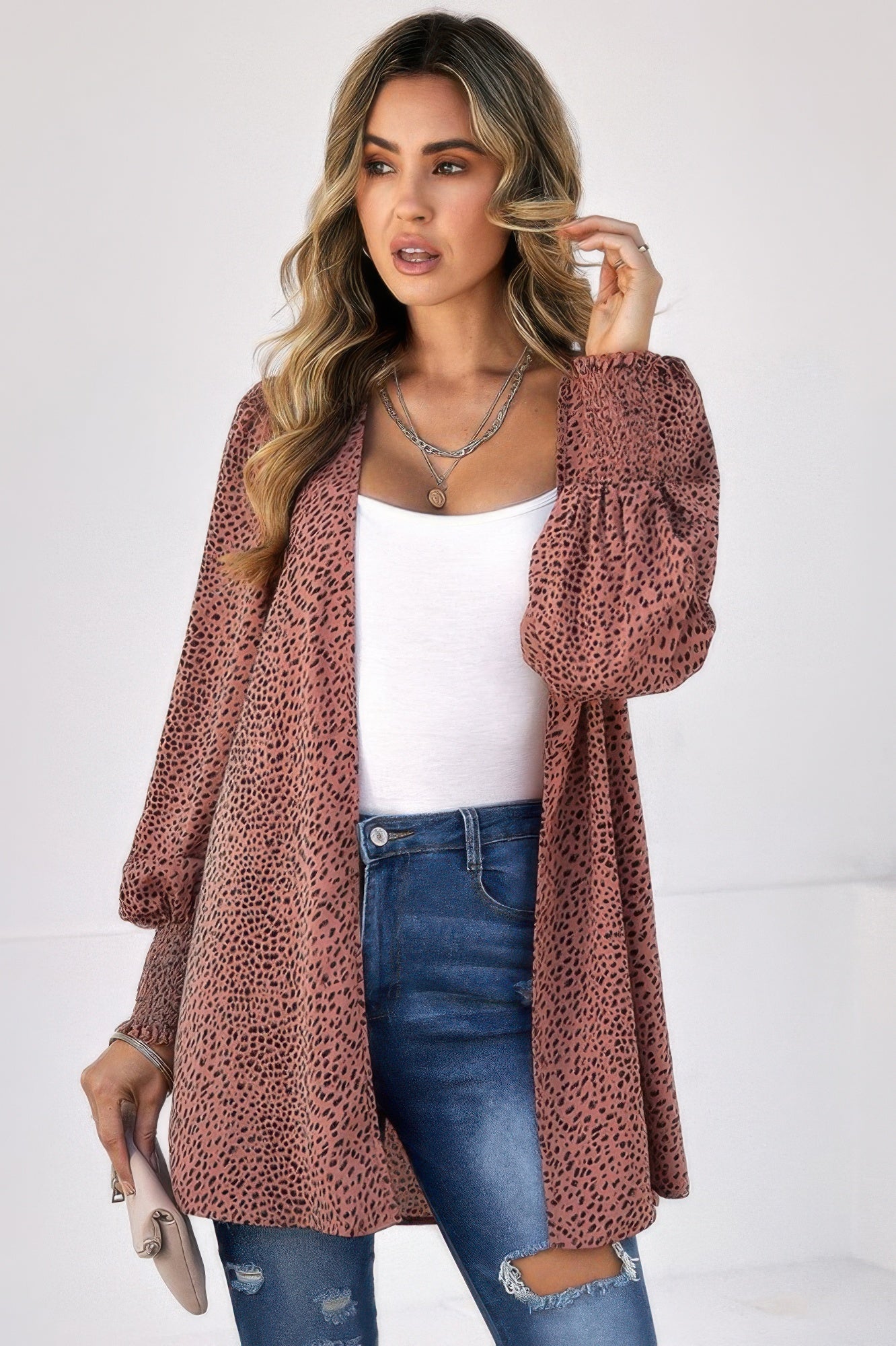Allover Print Shirred Cuff Lantern Sleeve Kimono