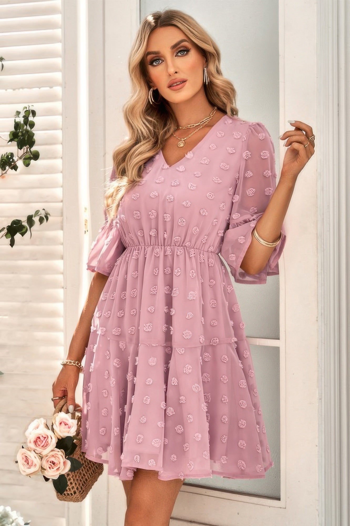 Solid Swiss Dot Flare Sleeve V Neck Dress
