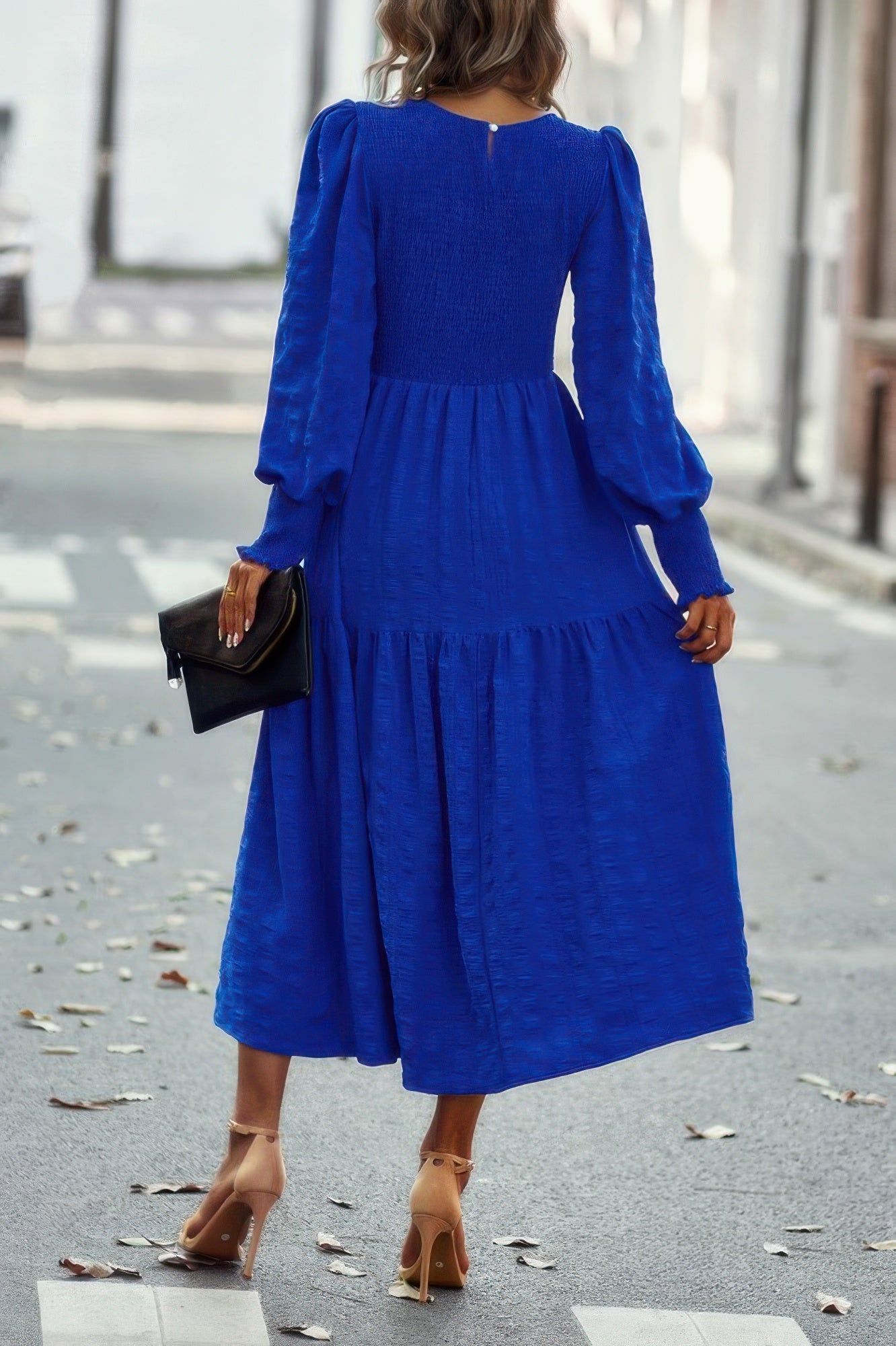 Solid Round Neck Puff Long Sleeve Midi Dress