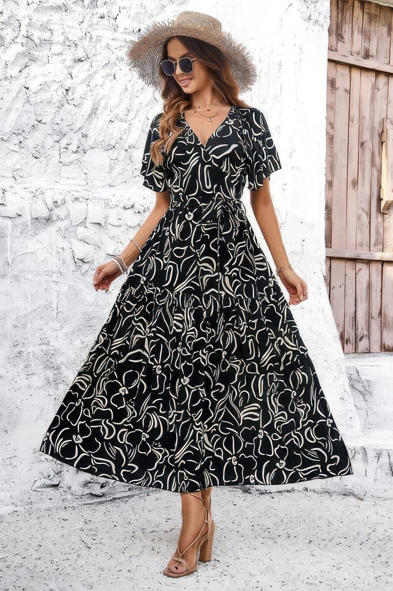 Allover Print V Neck Fit Belt A Line Long Dress