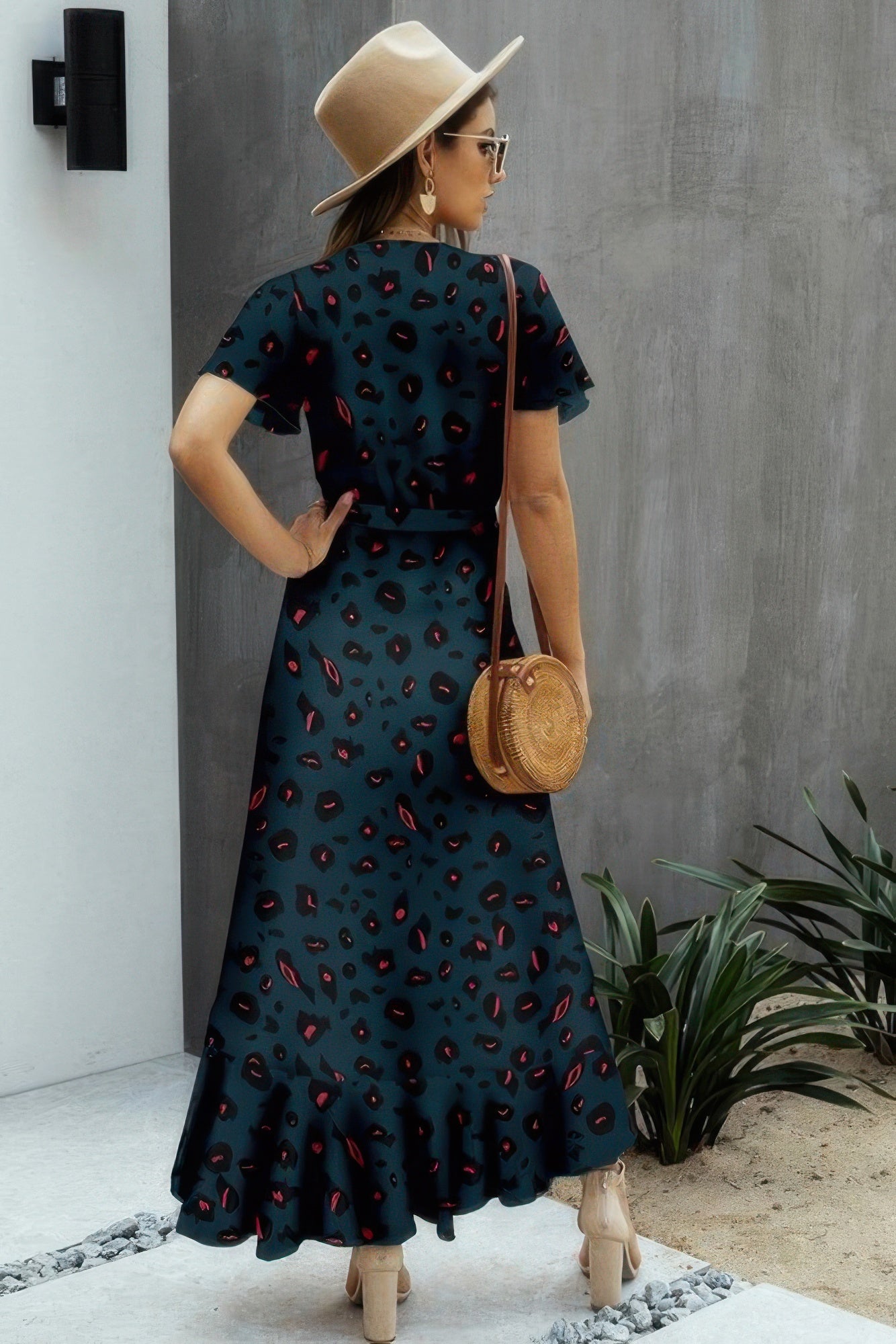 Allover Print High V Neck Low Wrap Dress