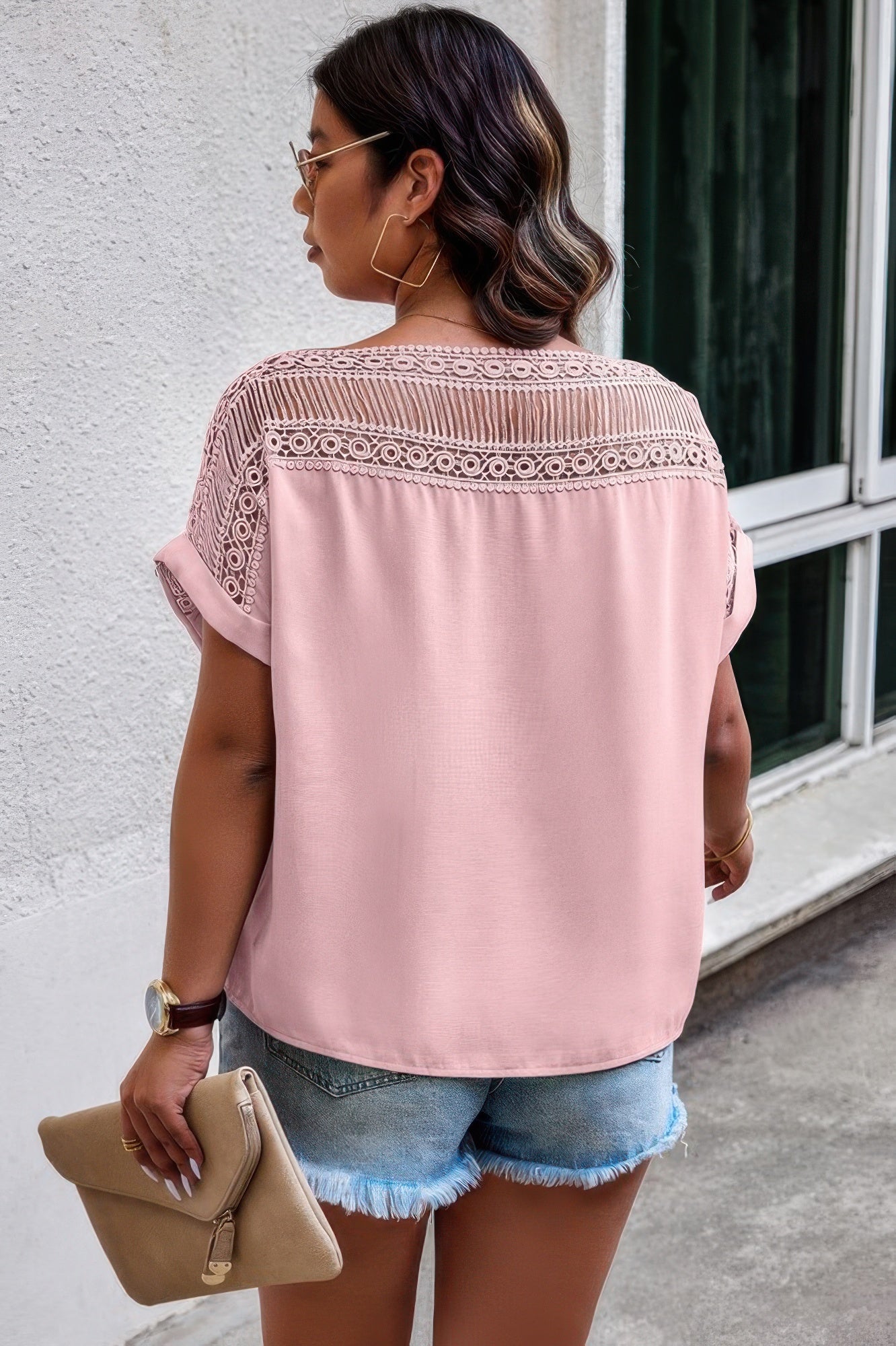 Lace Plus Pattern Printed Batwing Sleeve Blouse