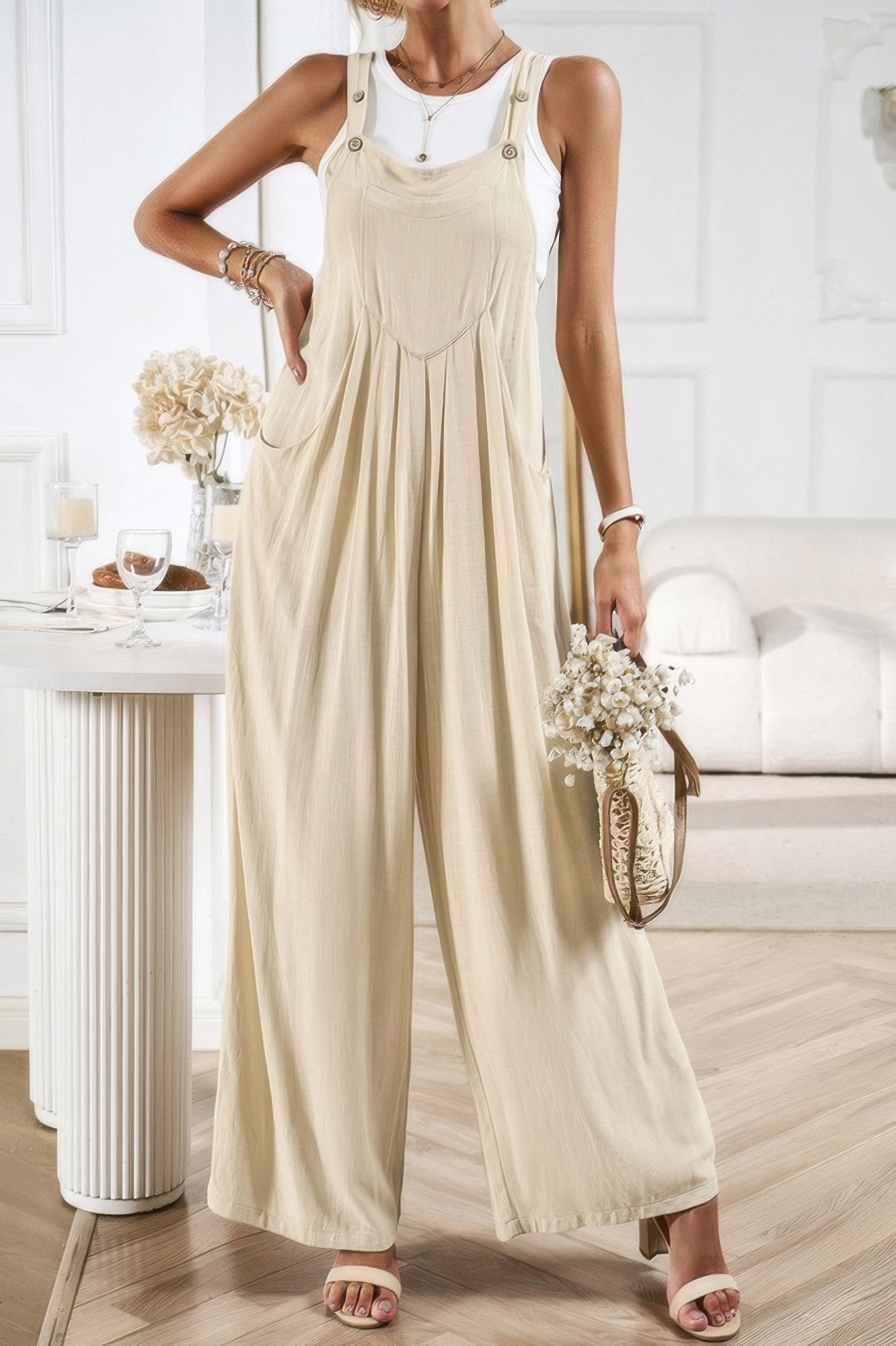 Button Detail Wide Leg Overall Pockets Jumpsuit
