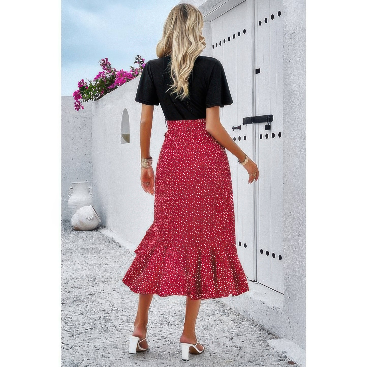 Cross Color Block Lace V Neck Belt Print Dress