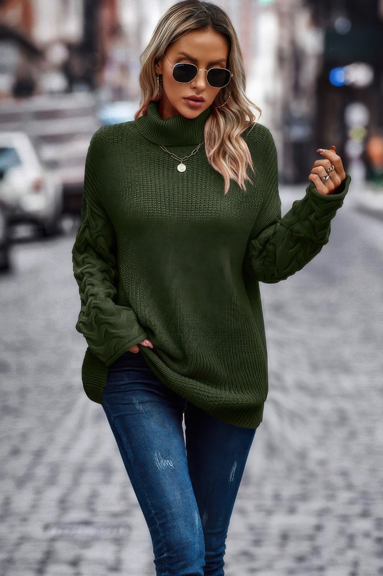 Solid Knit Long Sleeve Turtleneck Loose Sweater