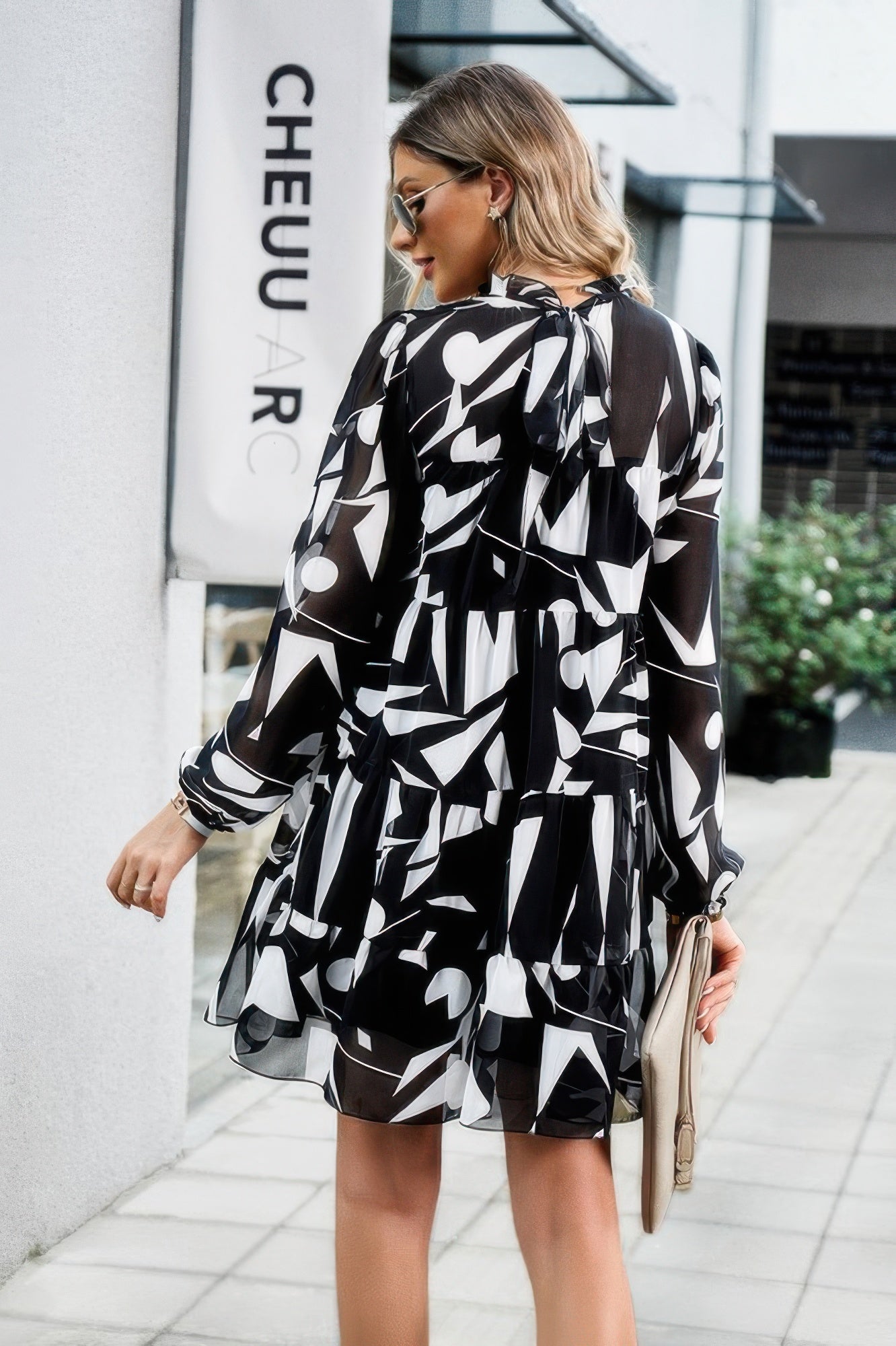 Ruffle Neck Abstract Print Long Sleeve Tiered Dress