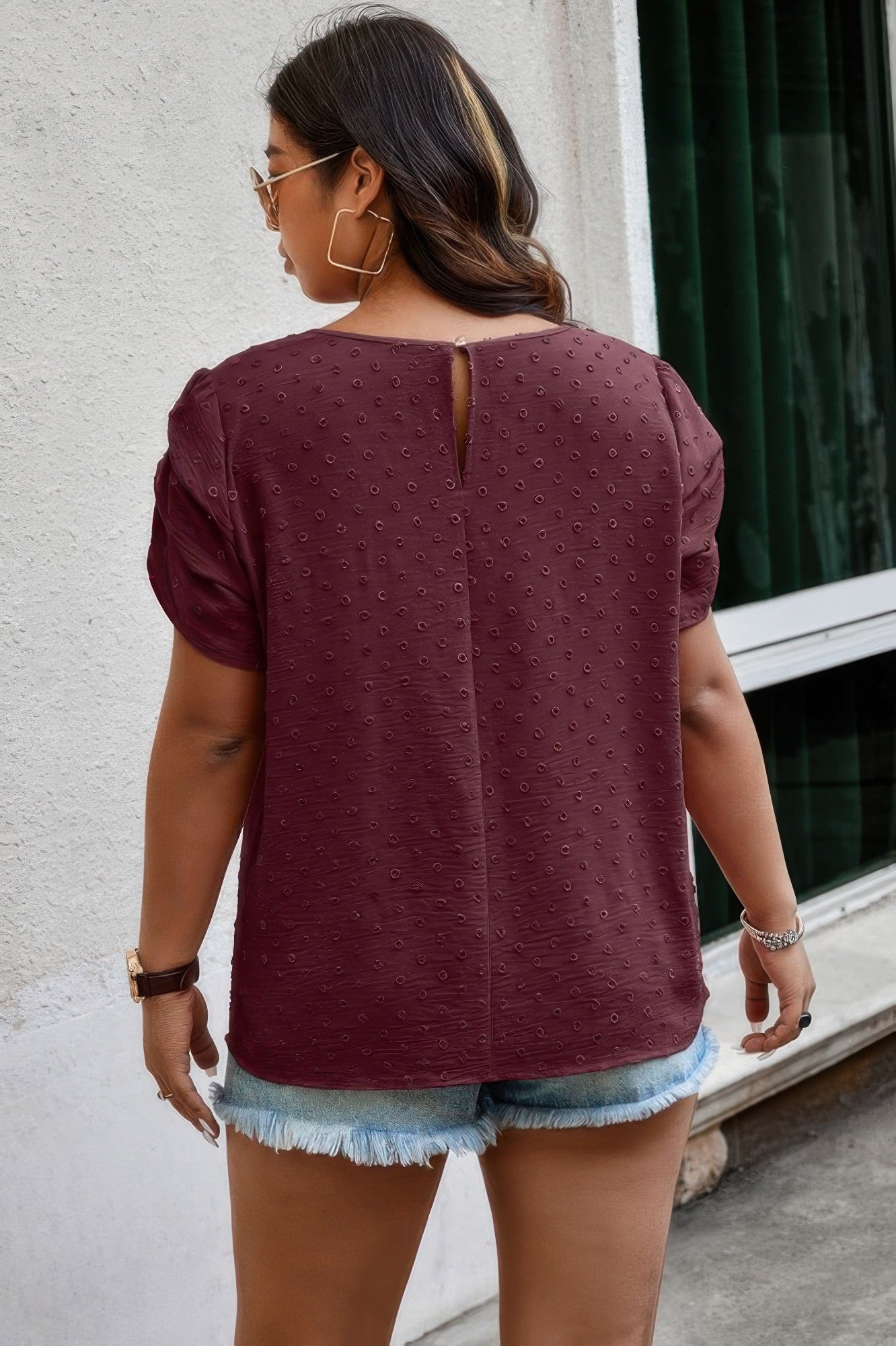 Plus Size Solid Swiss Dots Short Sleeve Blouse