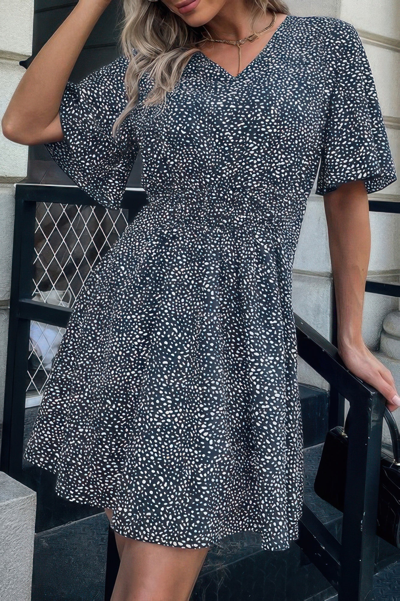 Allover Print V Neck Flounce Sleeve Fit Dress