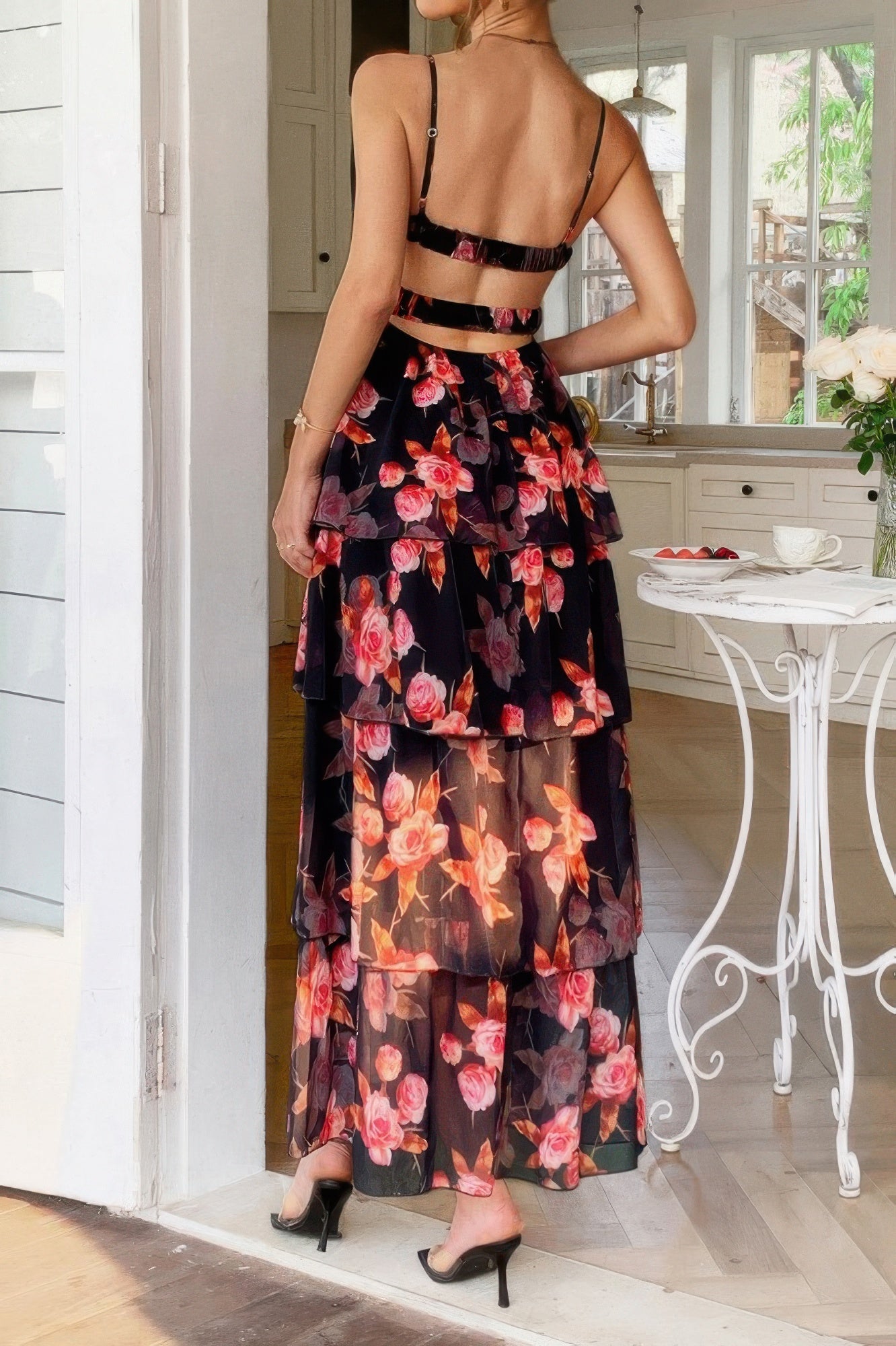 Straps Floral Print V Neck Patchwork Full Dress
