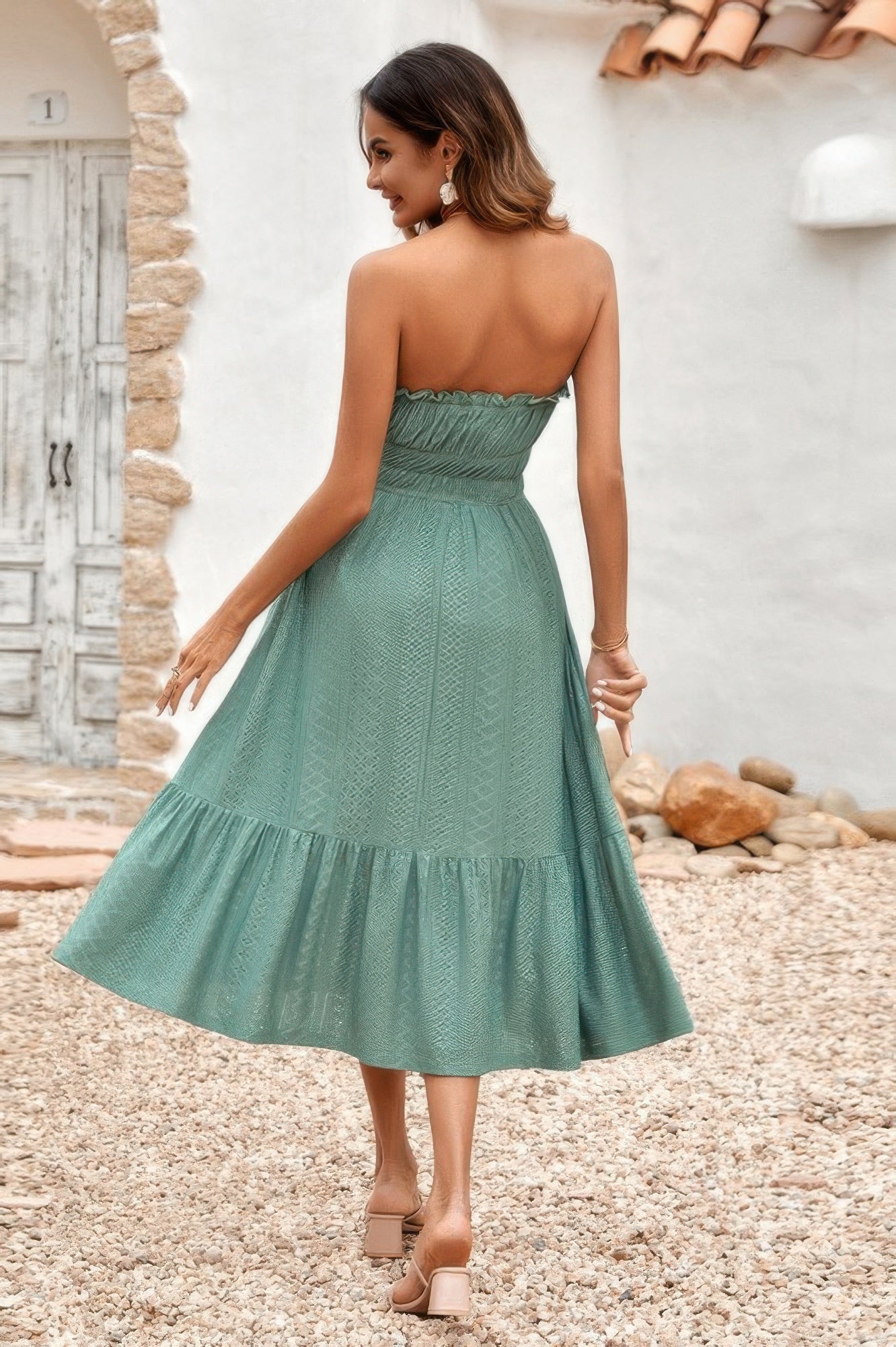 Solid Off Shoulder Elasit Waist Ruffle Dress