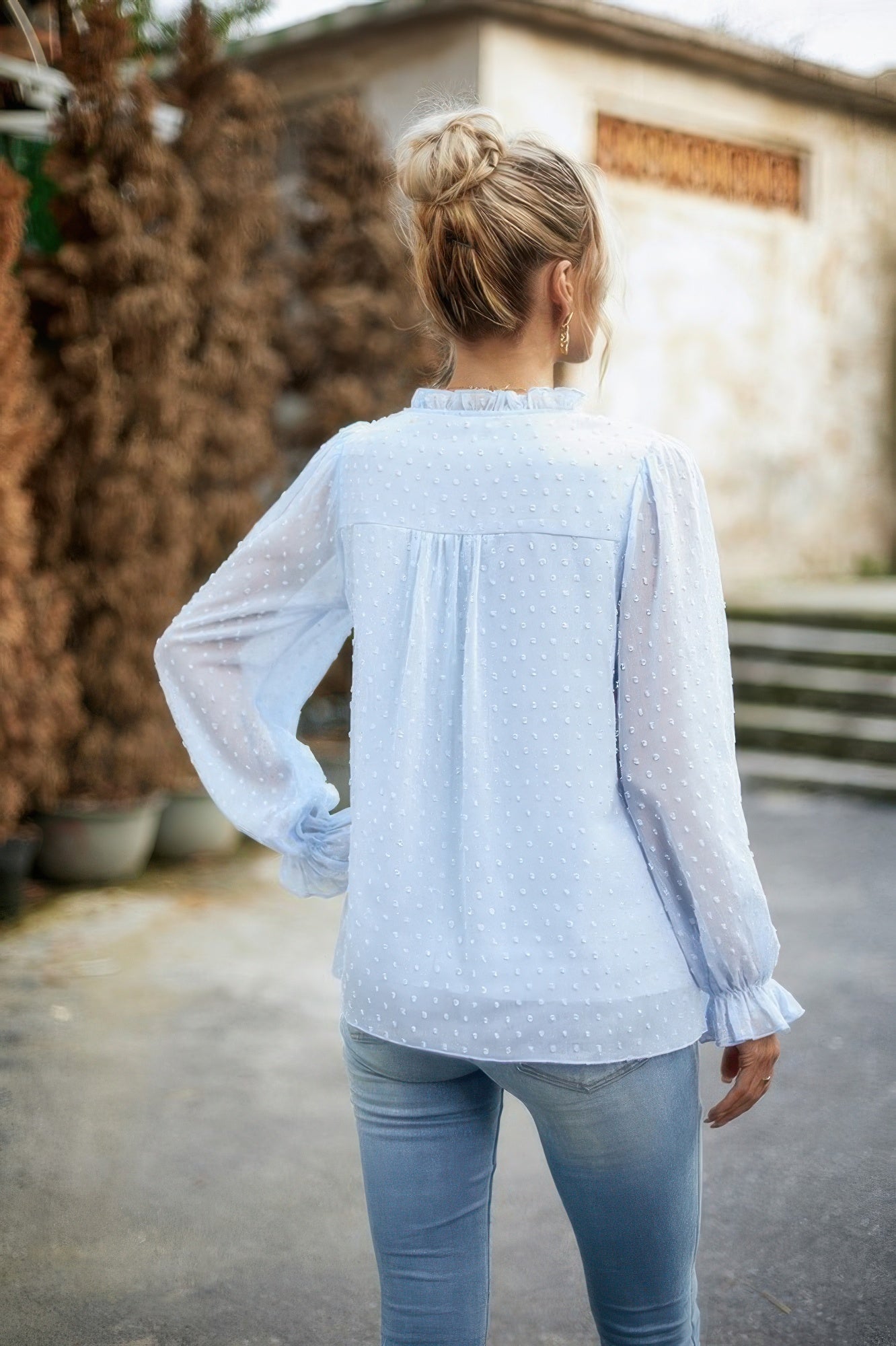 Swiss Dot Ruched Shoulder Hem Ruffle Blouse