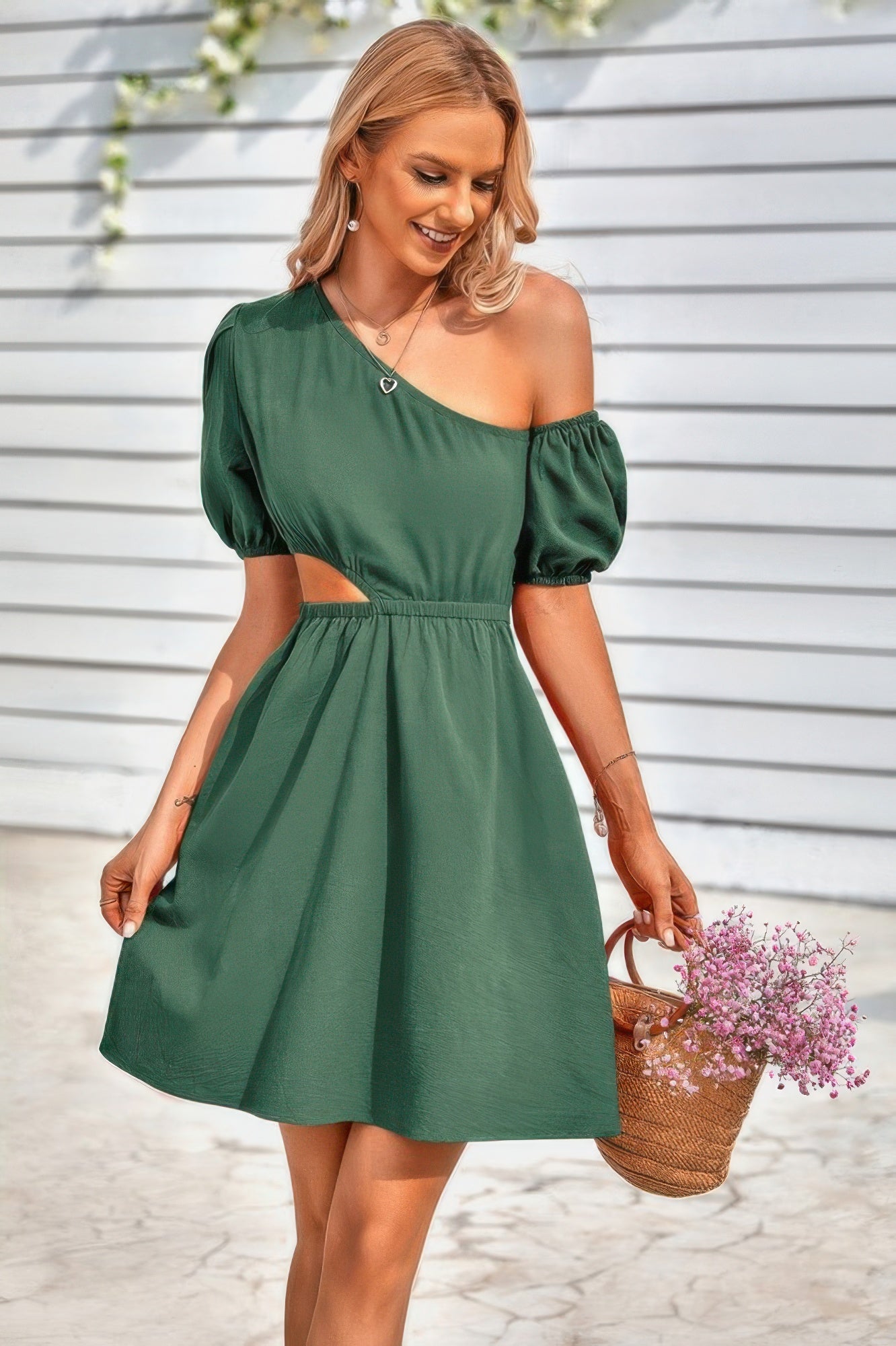 One Shoulder Puff Sleeve A Line Dress