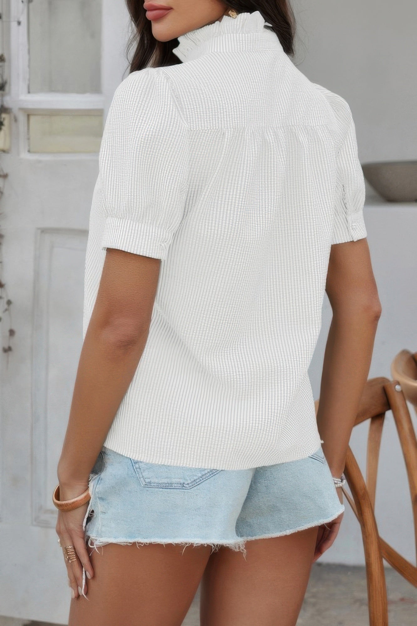 Stripe Button Down Ruffled Front Trim Shirt