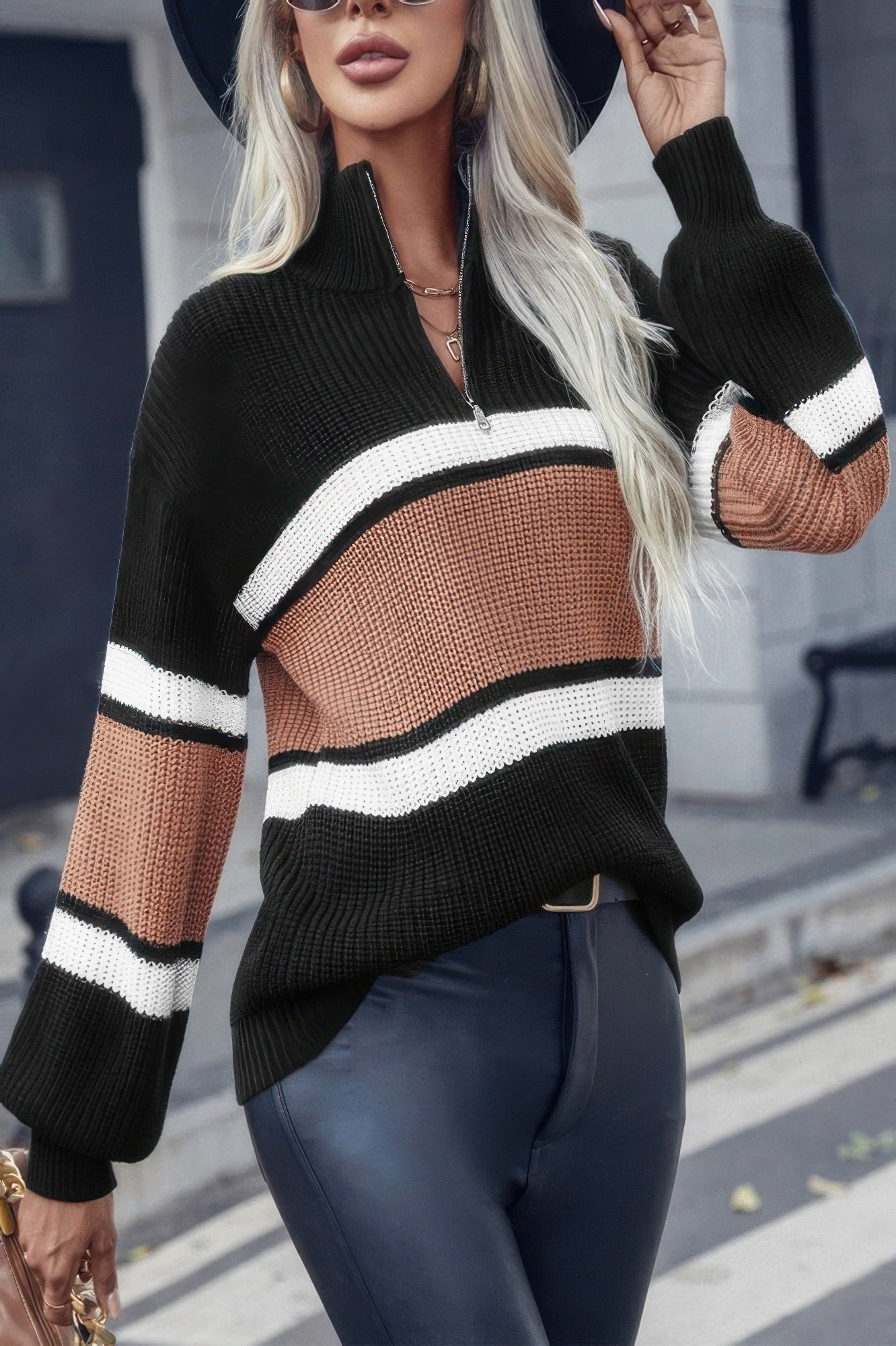 Half Zipper Strip Knit Loose Fit Sweater