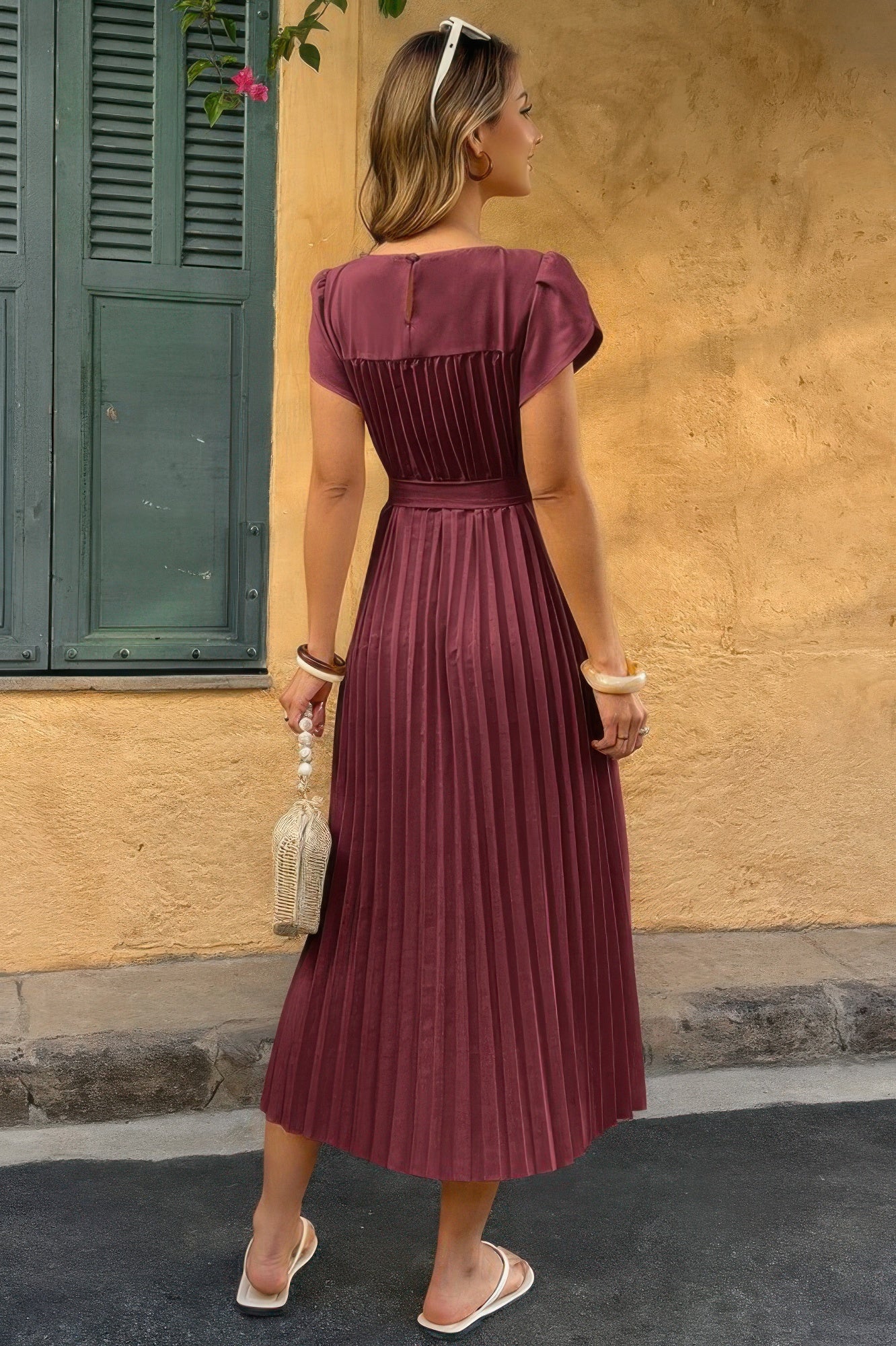 Solid Pleated Belt Short Puff Sleeves Fit Dress