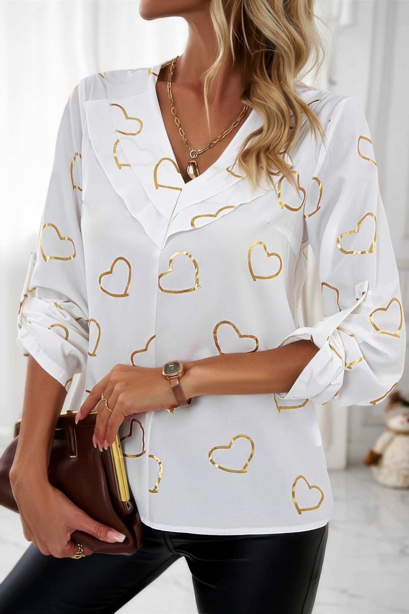 Color Black Heart Print V Neck Ruffle Loose Blouse