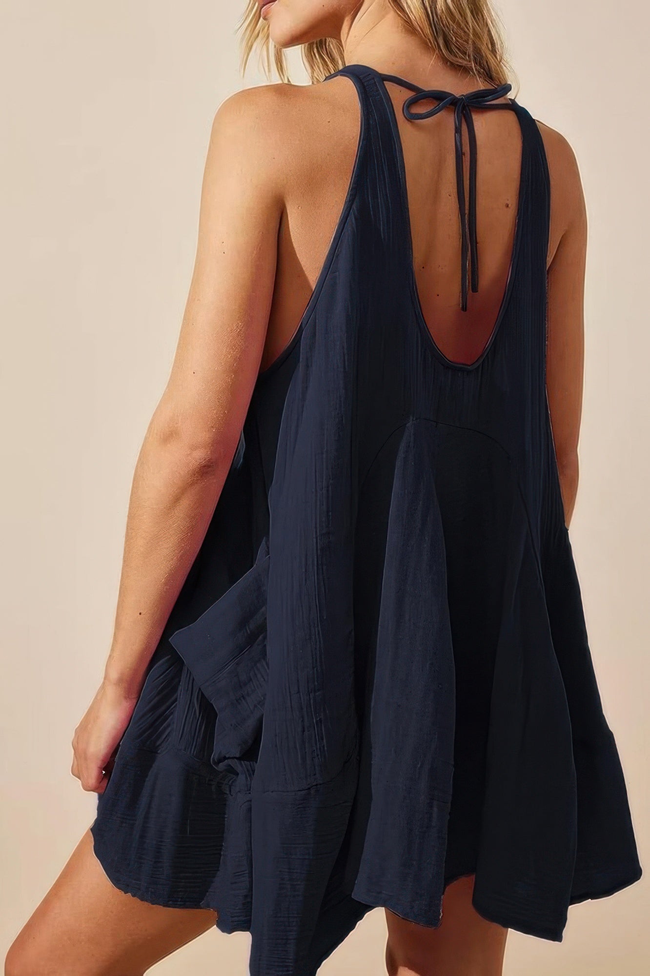 Solid A Line Pockets Low Back Knot Midi Dress