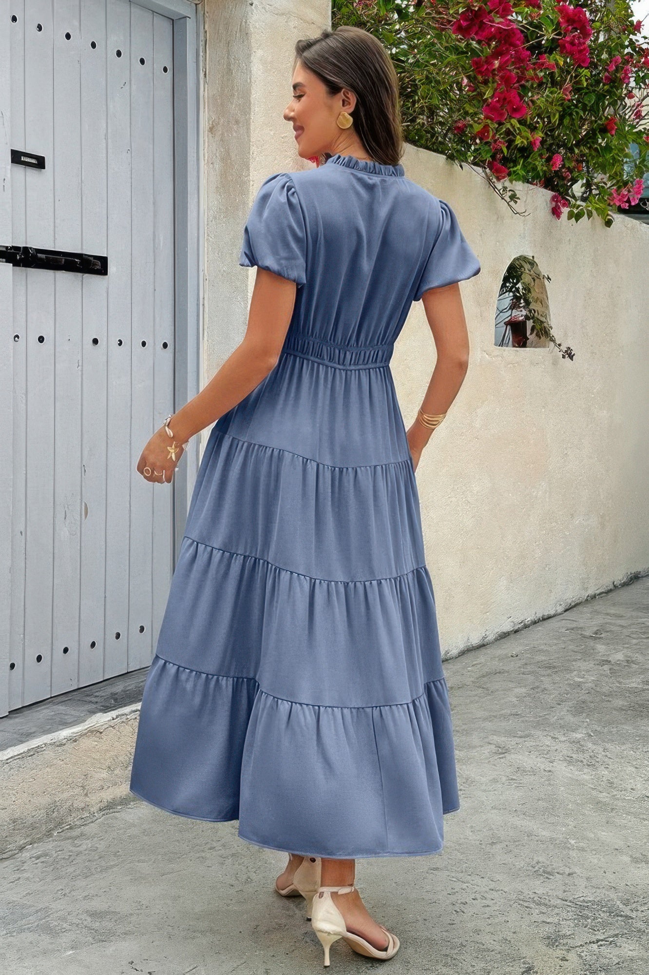 Solid V Neck Color Block Elastic Waist Dress