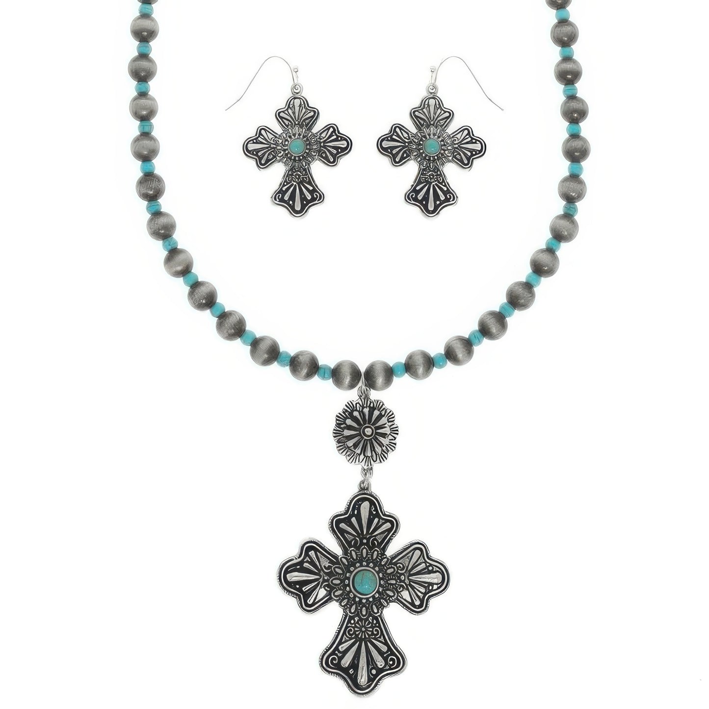 Western Turquoise Cross Necklace Set