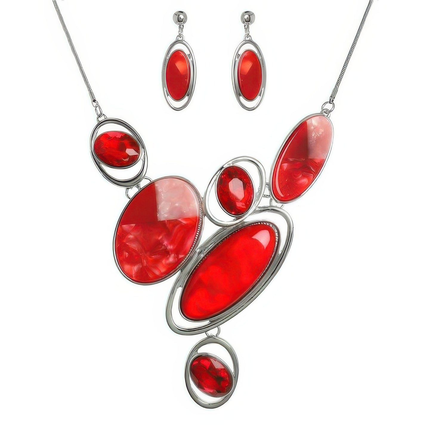 Natural Gem Oval Cluster Bib Necklace Set