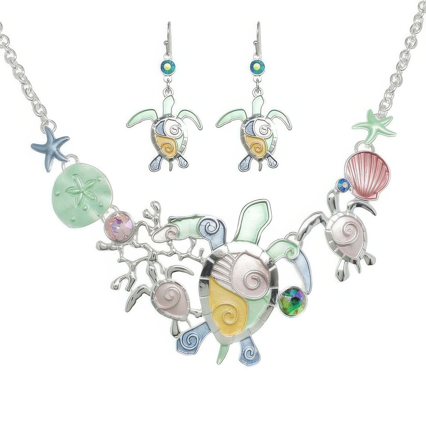 Sea Life Rhinestone Metal Bib Necklace Set
