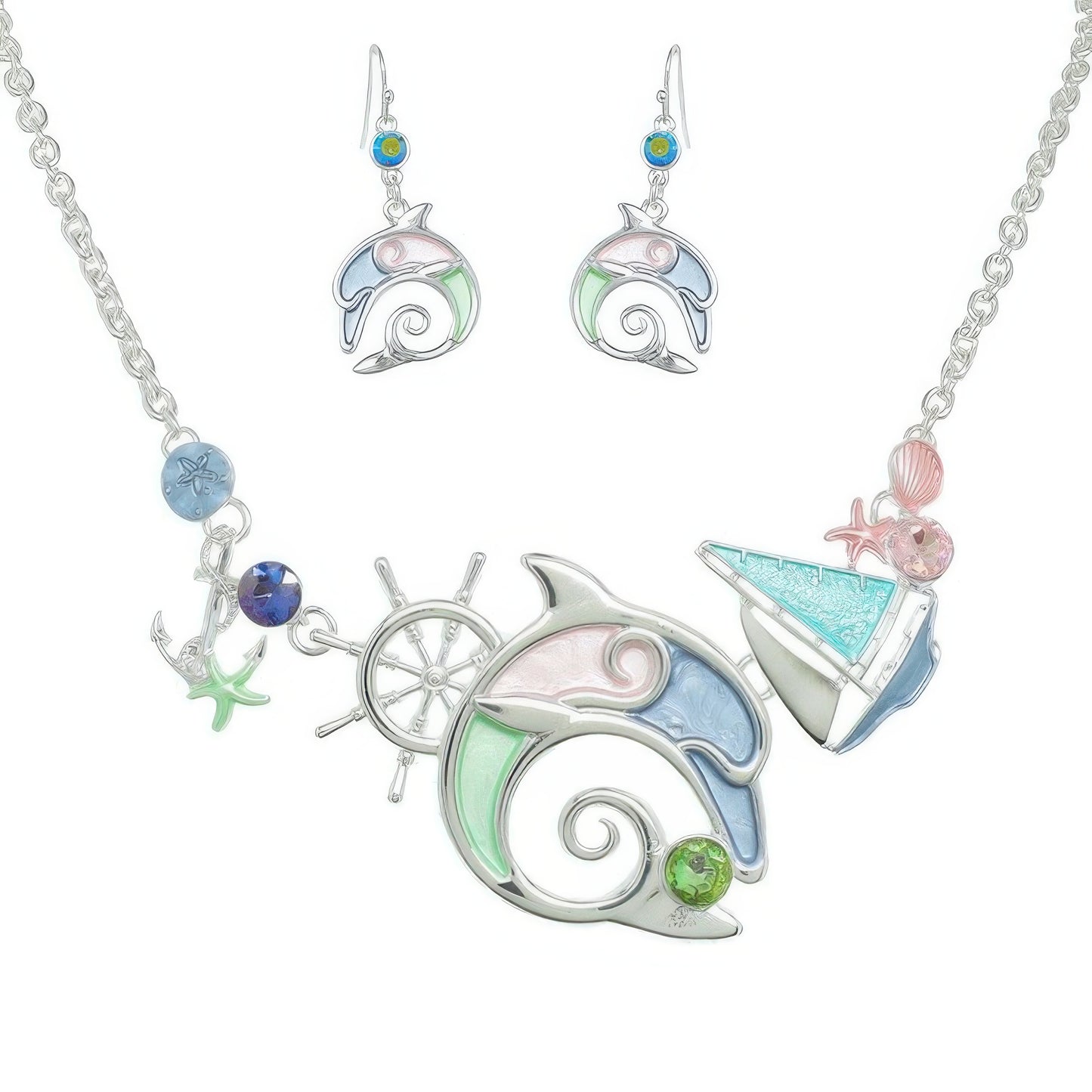 Sea Life Dolphin Rhinestone Metal Bib Necklace Set