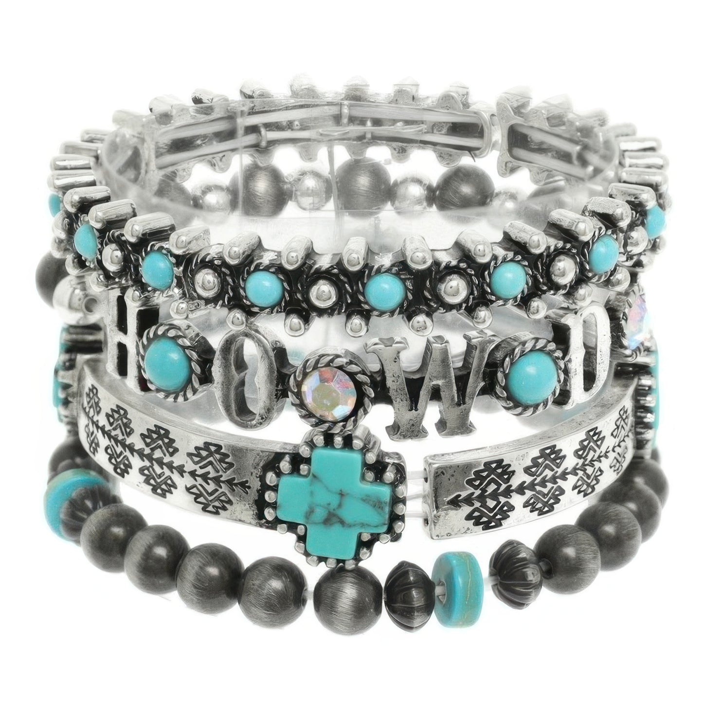 4pc Western Jeweled Beaded Cross Bracelet Set