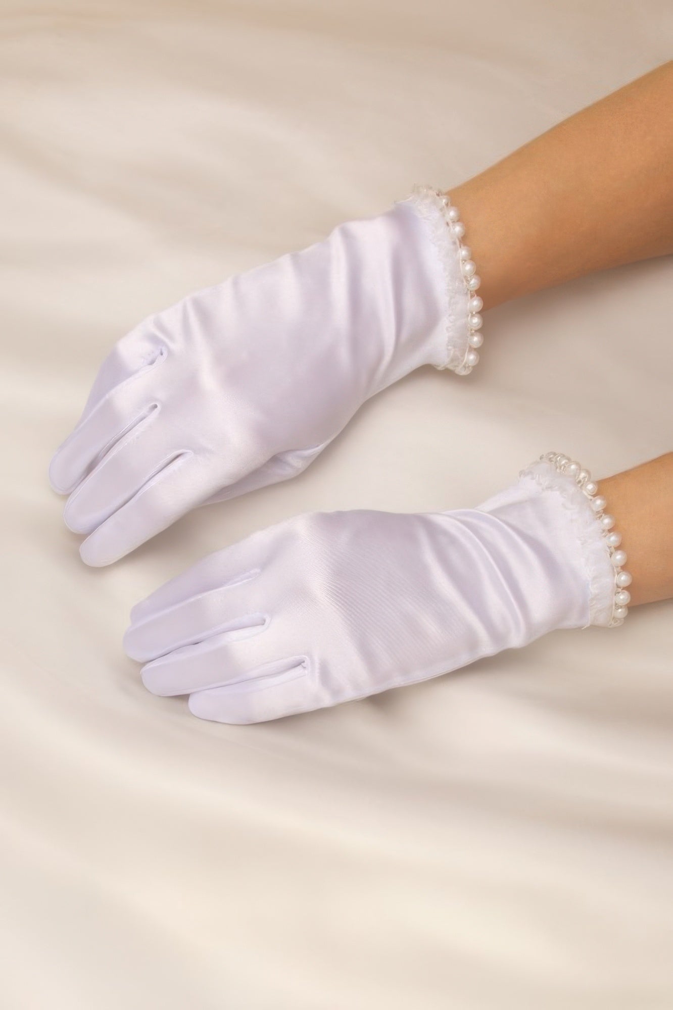 Women's Bridal Pearl Trim Satin Wrist Gloves