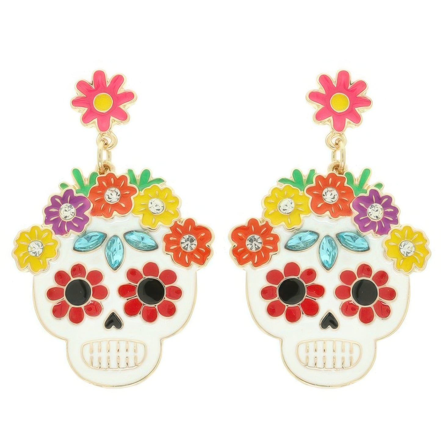 Floral Jeweled Enamel Sugar Skull Earrings