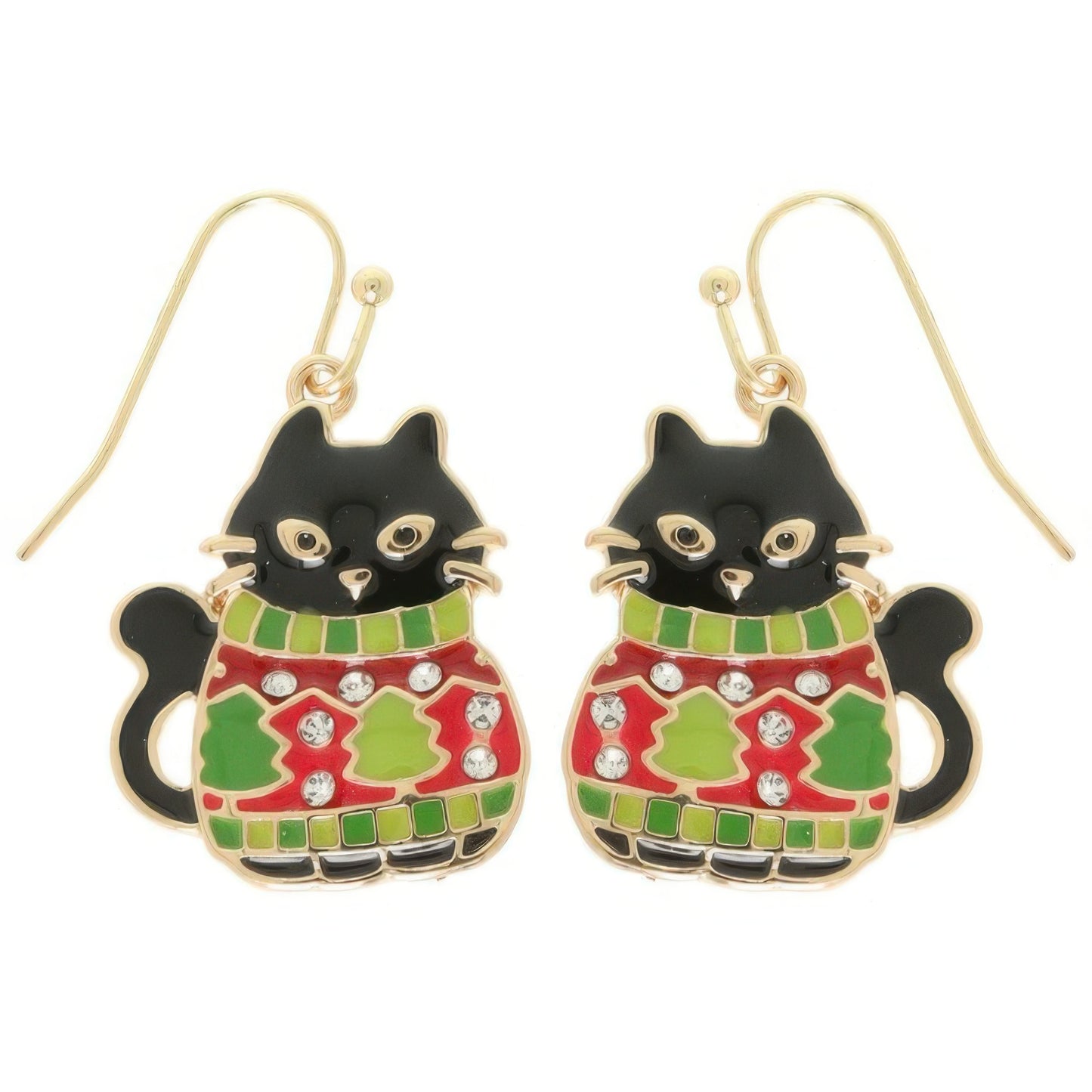 Christmas Enamel Cat In Ugly Sweater Earrings