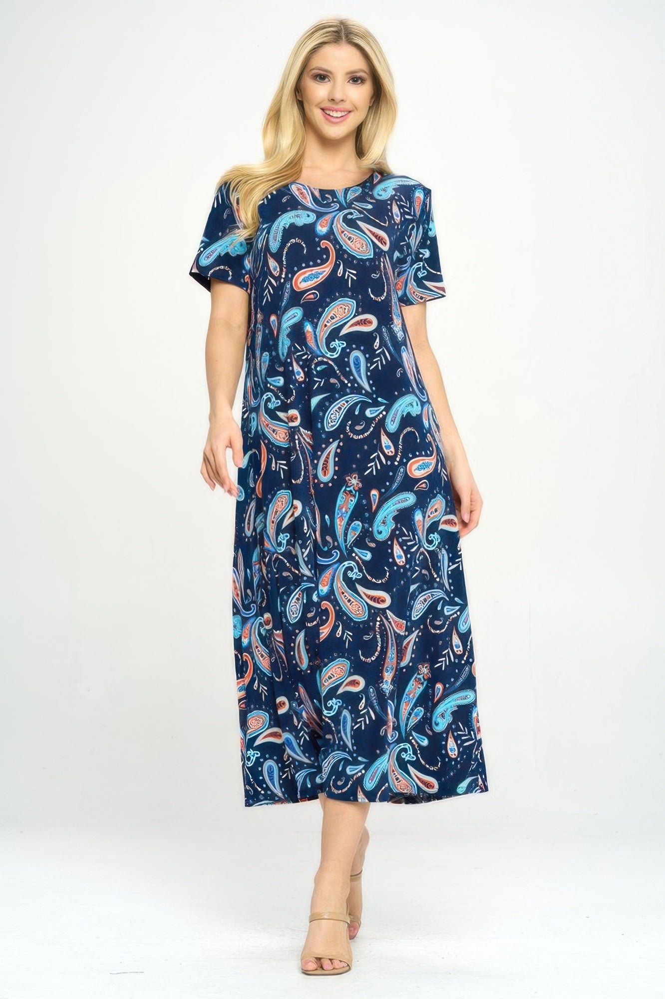 Bns Print Long Dress With Short Sleeve