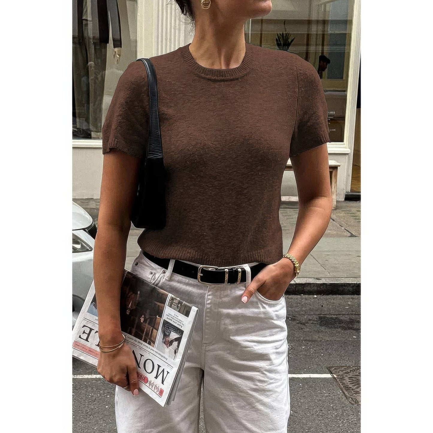 Solid Wool O Neck Knit Short Sleeve Shirt