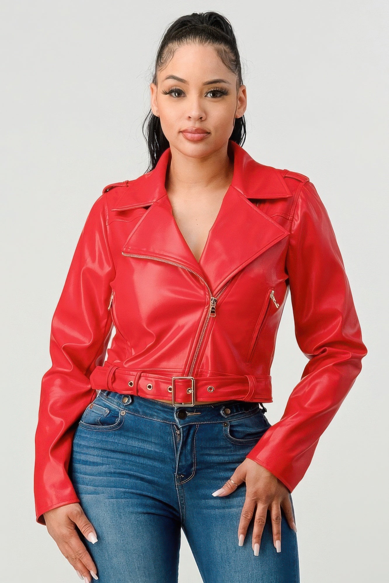 Women's Faux Leather Moto Style Jacket - Wide Collar Belted Zip-Up Biker Coat | Slim Fit PU Leather Outerwear. Black or Red
