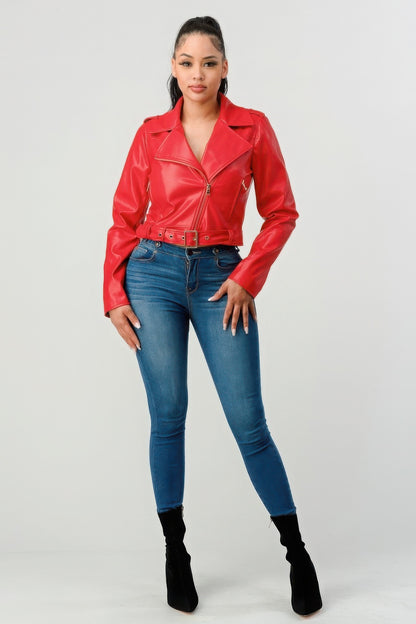 Women's Faux Leather Moto Style Jacket - Wide Collar Belted Zip-Up Biker Coat | Slim Fit PU Leather Outerwear. Black or Red