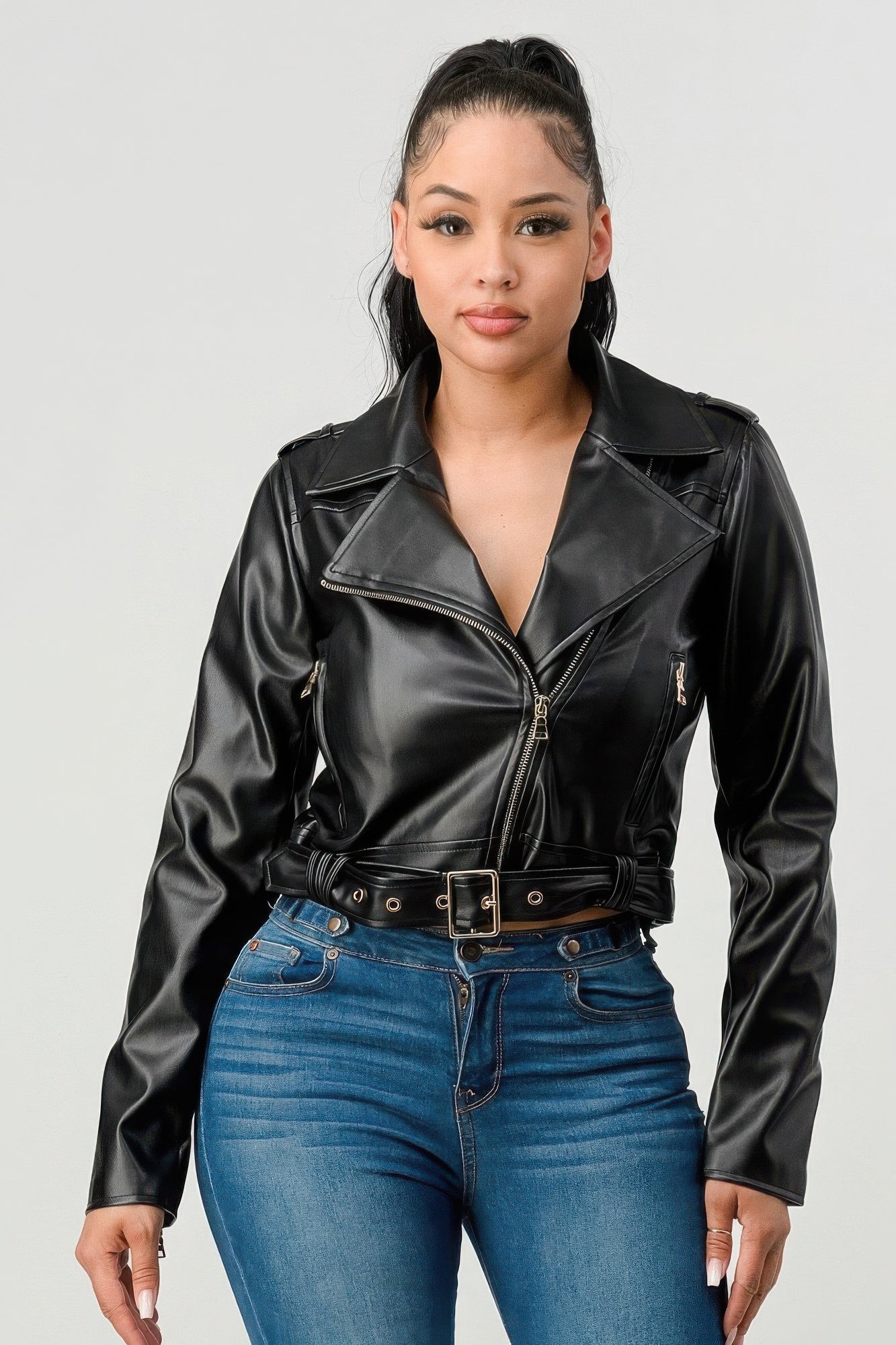 Women's Faux Leather Moto Style Jacket - Wide Collar Belted Zip-Up Biker Coat | Slim Fit PU Leather Outerwear. Black or Red